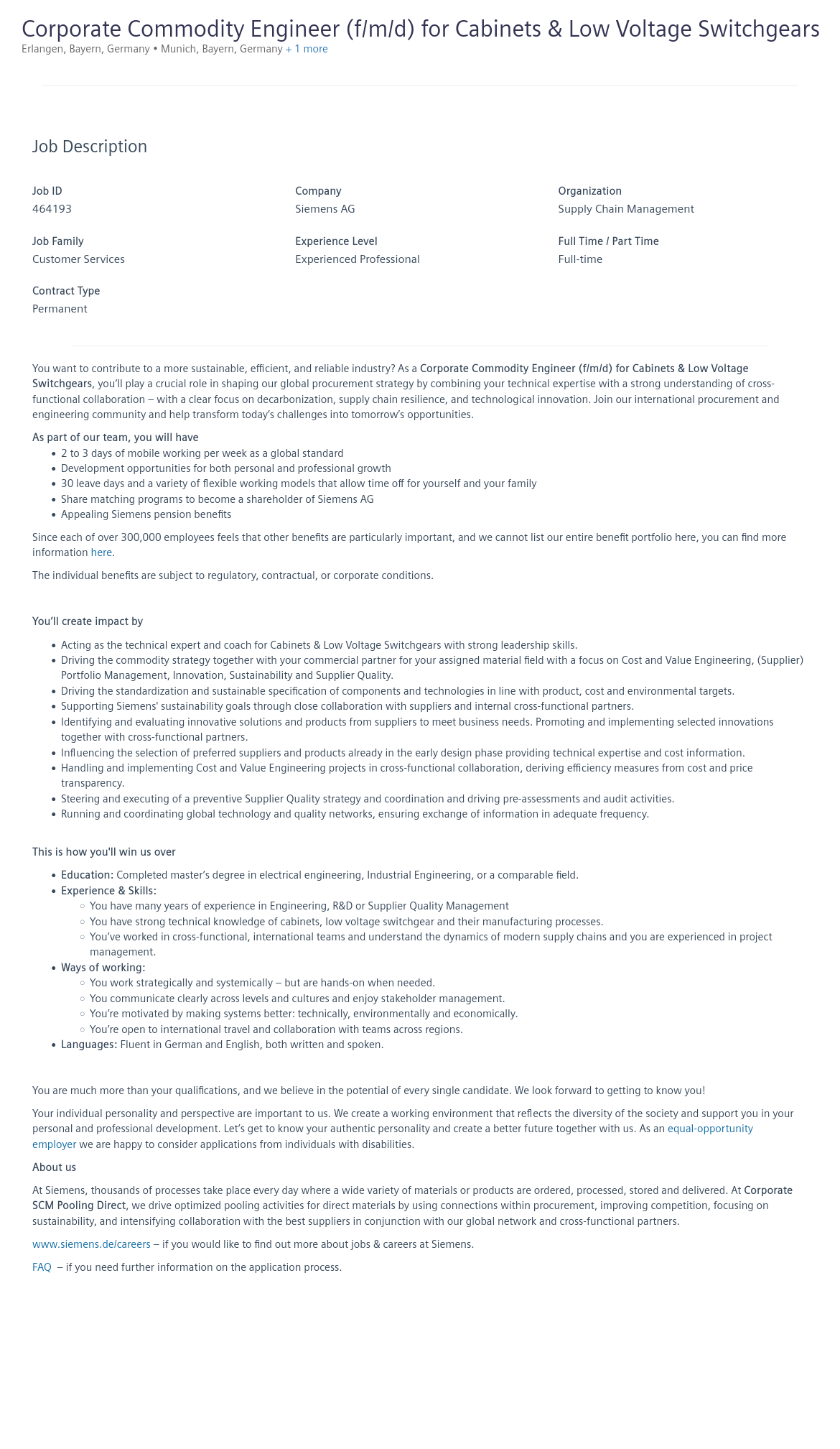지멘스 Corporate Commodity Engineer (f/m/d) for Cabinets & Low Voltage Switchgears 채용공고