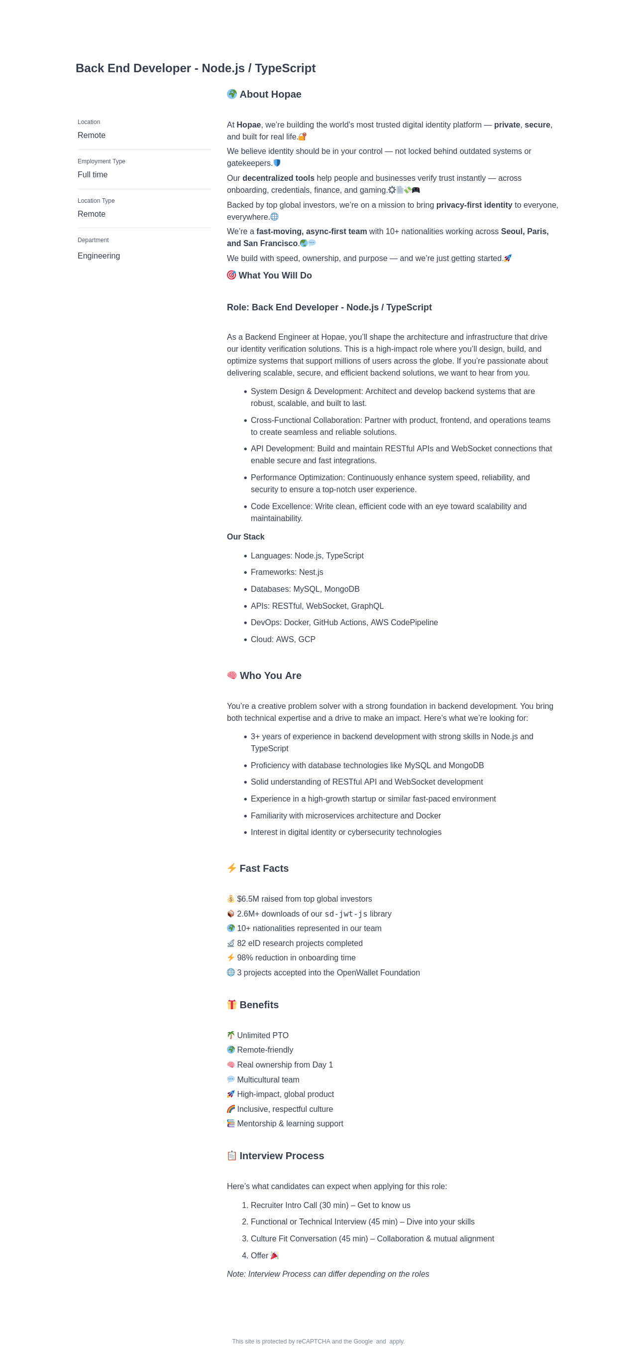호패 Back End Developer - Node.js / TypeScript 채용공고