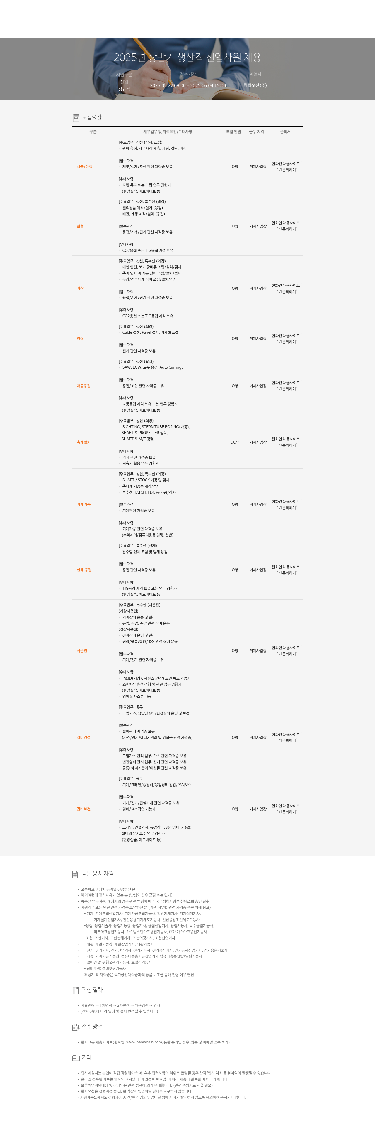 한화오션 2025년 상반기 생산직 신입 사원 채용 채용공고