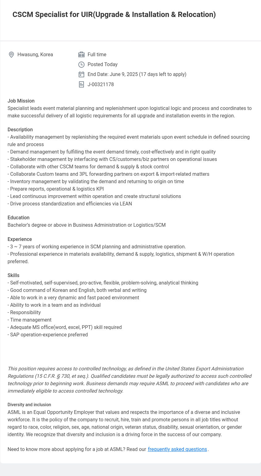 ASML CSCM Specialist for UIR (Upgrade & Installation & Relocation) 채용공고