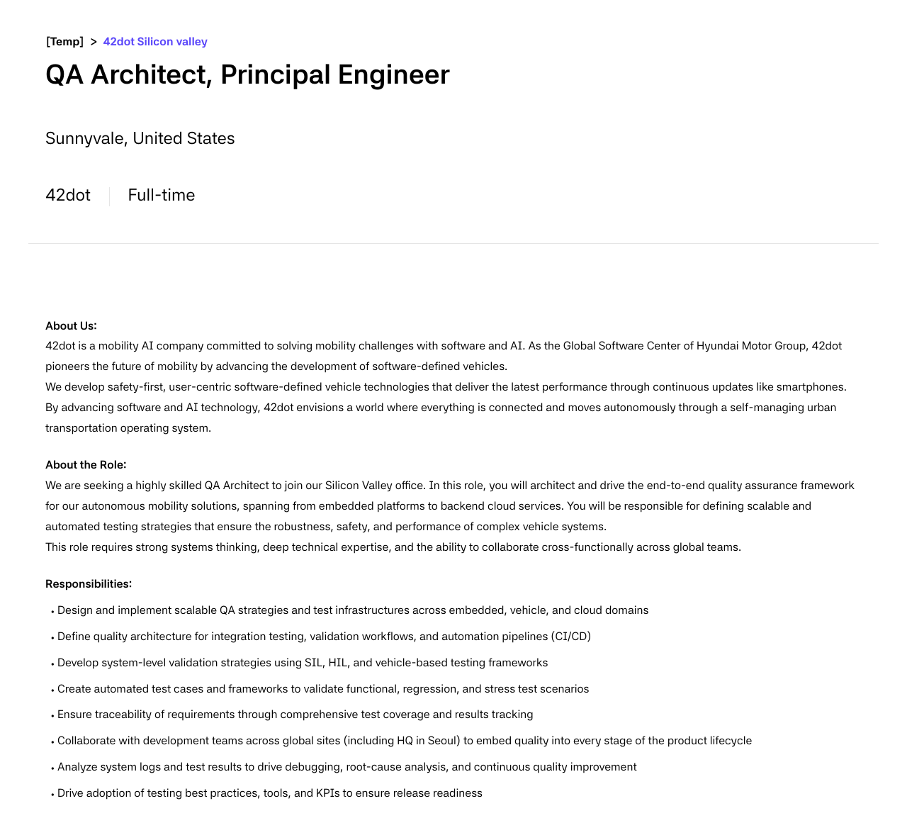 42dot QA Architect, Principal Engineer 채용공고