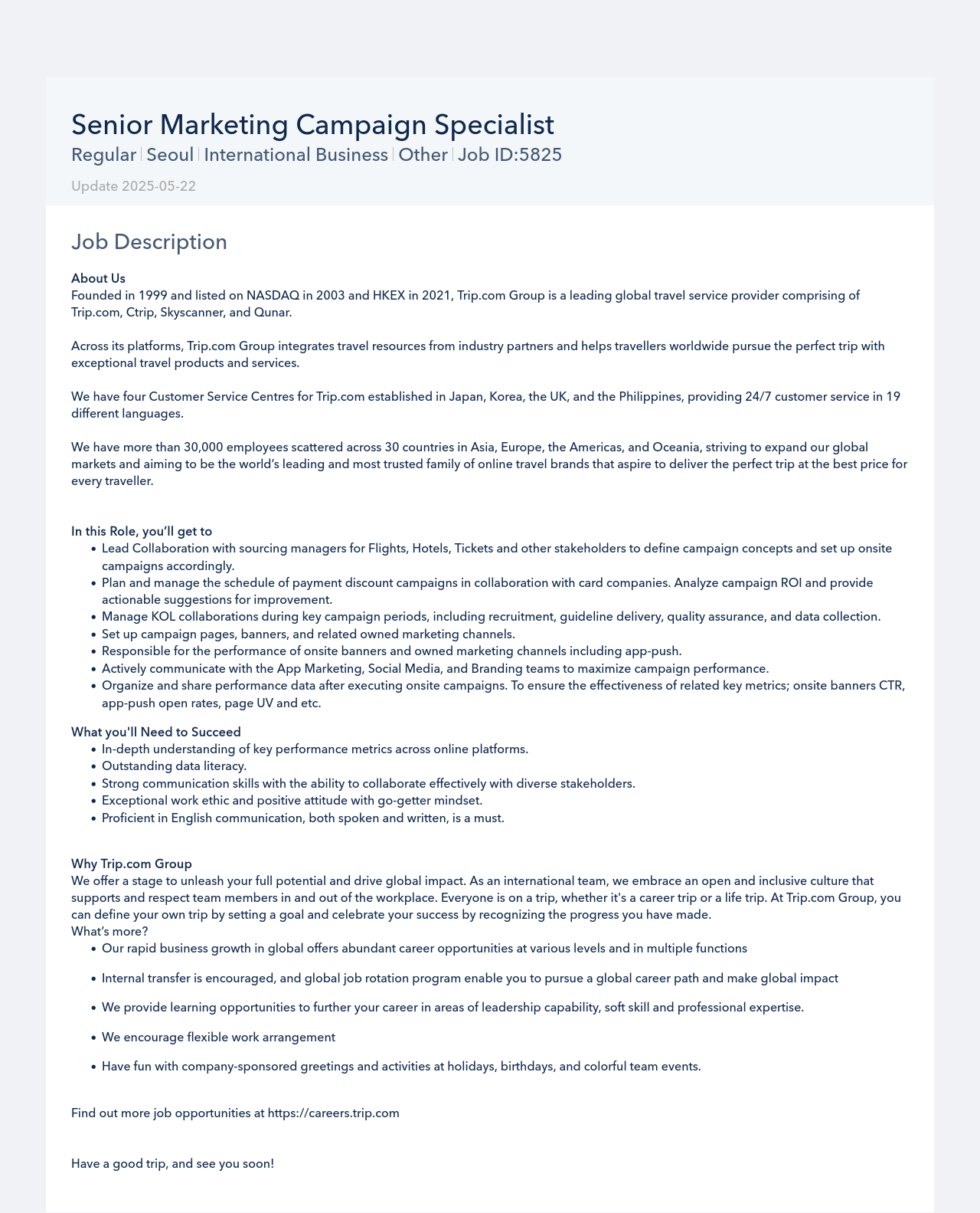 트립닷컴 Senior Marketing Campaign Specialist 채용공고
