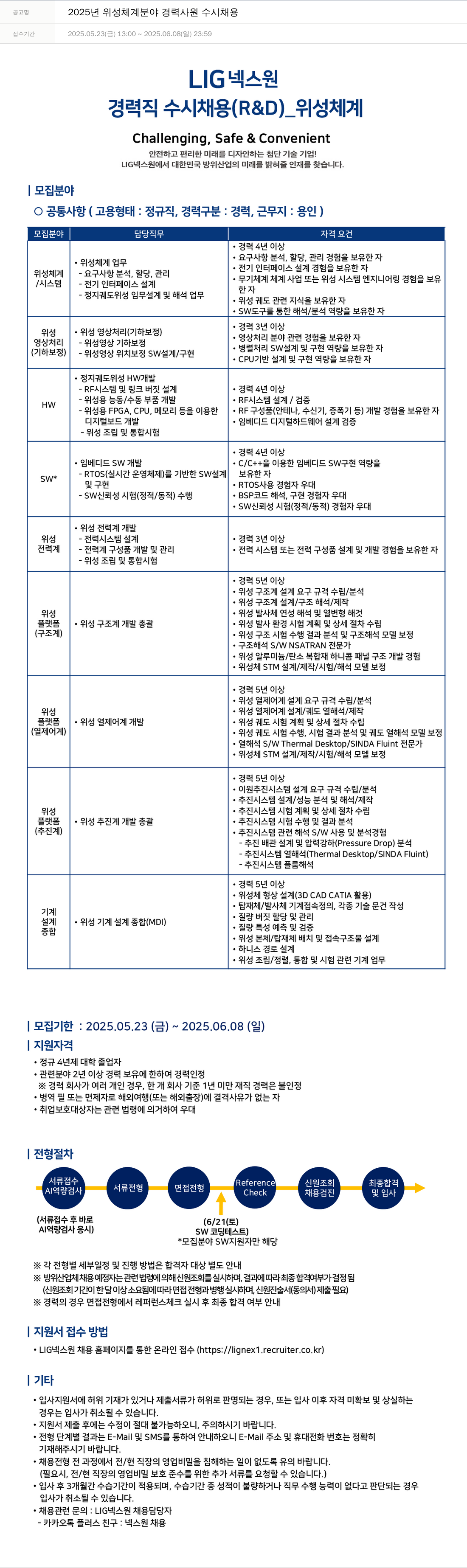 엘아이지디펜스앤에어로스페이스 2025년 위성 체계 분야 경력 사원 수시 채용 채용공고