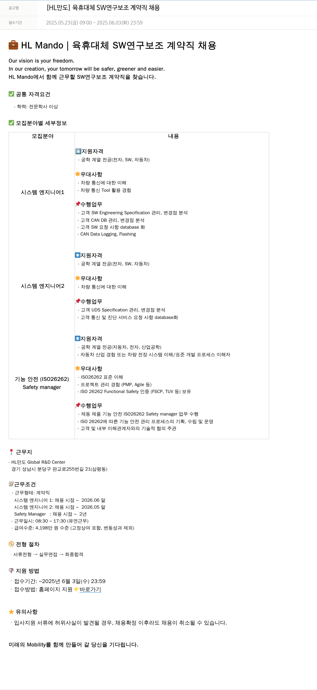 HL만도 육휴 대체 SW 연구 보조 계약직 채용 채용공고
