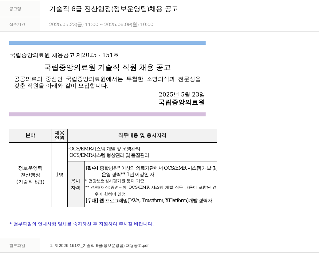 국립중앙의료원 기술직 6급 전산 행정(정보운영팀) 채용 공고 채용공고
