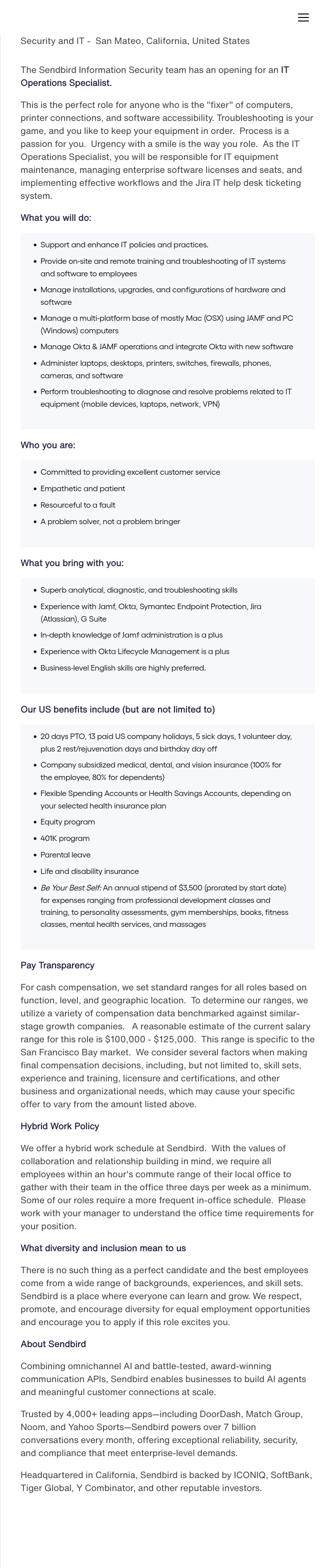 센드버드 IT Operations Specialist 채용 (Security and IT) 채용공고