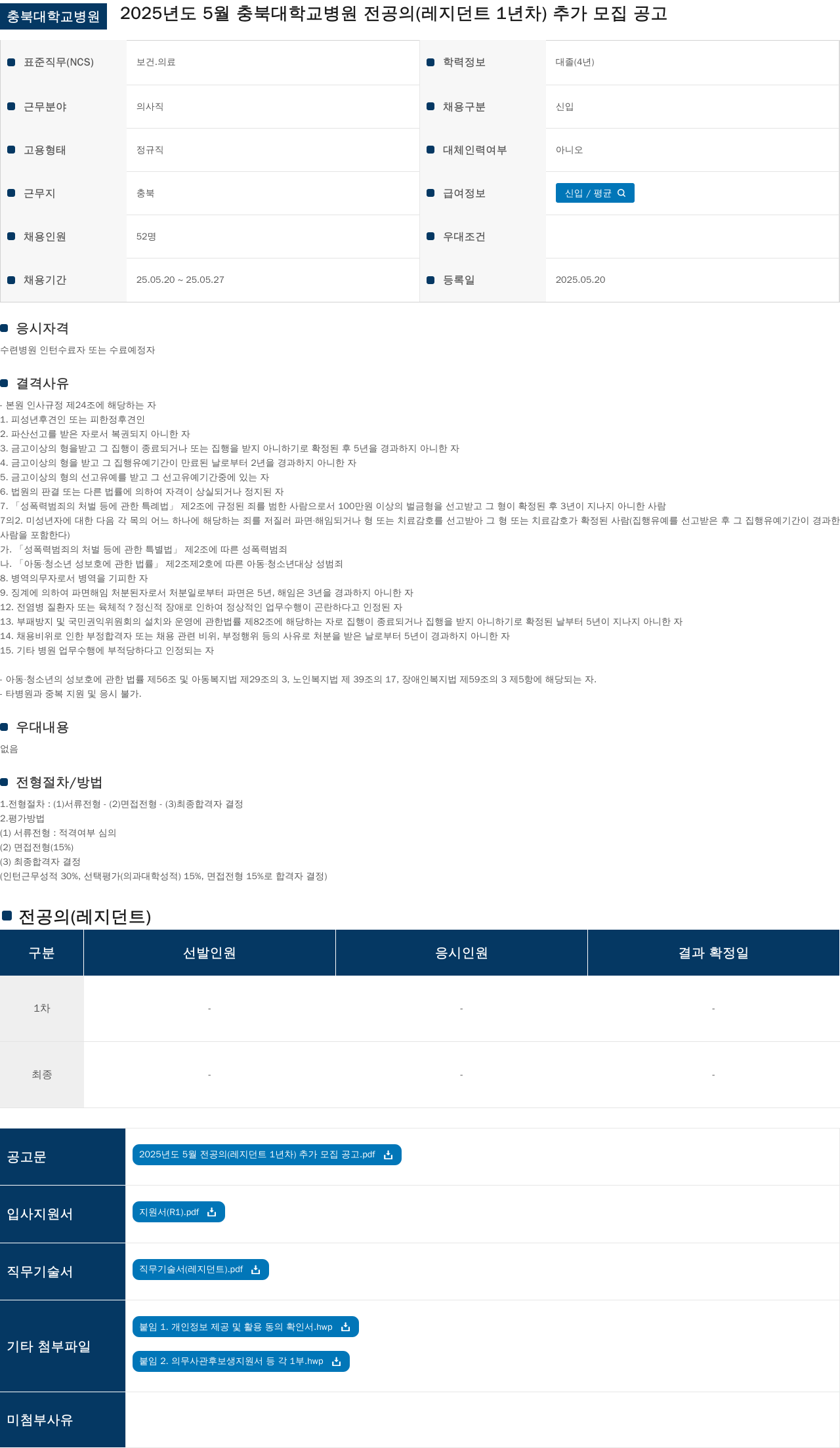 충북대학교병원 2025년도 5월 충북대학교병원 전공의(레지던트 1년차) 추가 모집 공고 채용공고