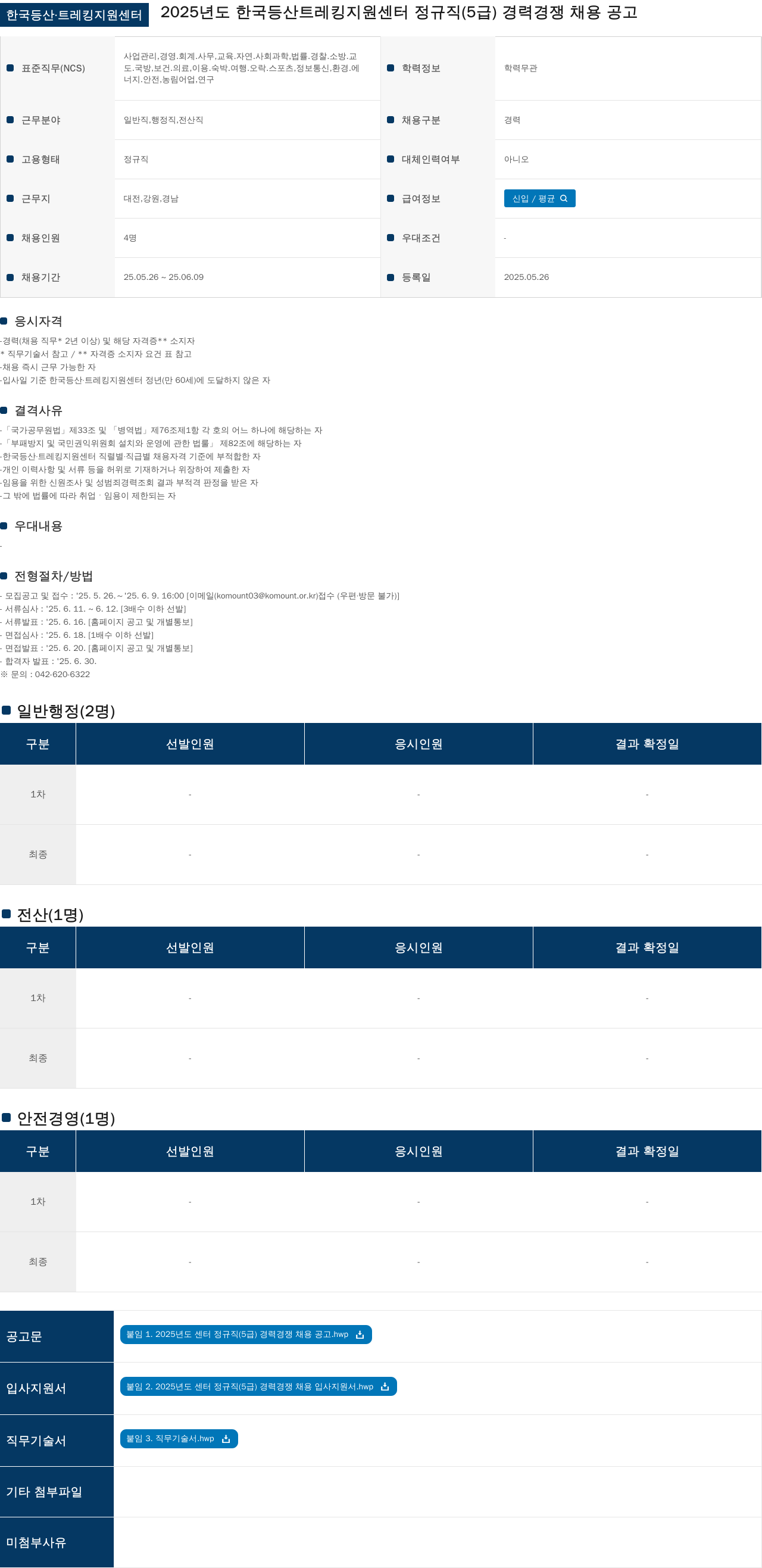 한국등산트레킹지원센터 2025년도 한국 등산 트레킹 지원 센터 정규직(5급) 경력 경쟁 채용 공고 채용공고