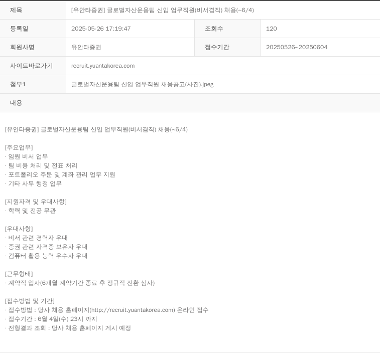 유안타증권 글로벌 자산 운용 팀 신입 업무 직원 (비서 겸직) 채용 채용공고