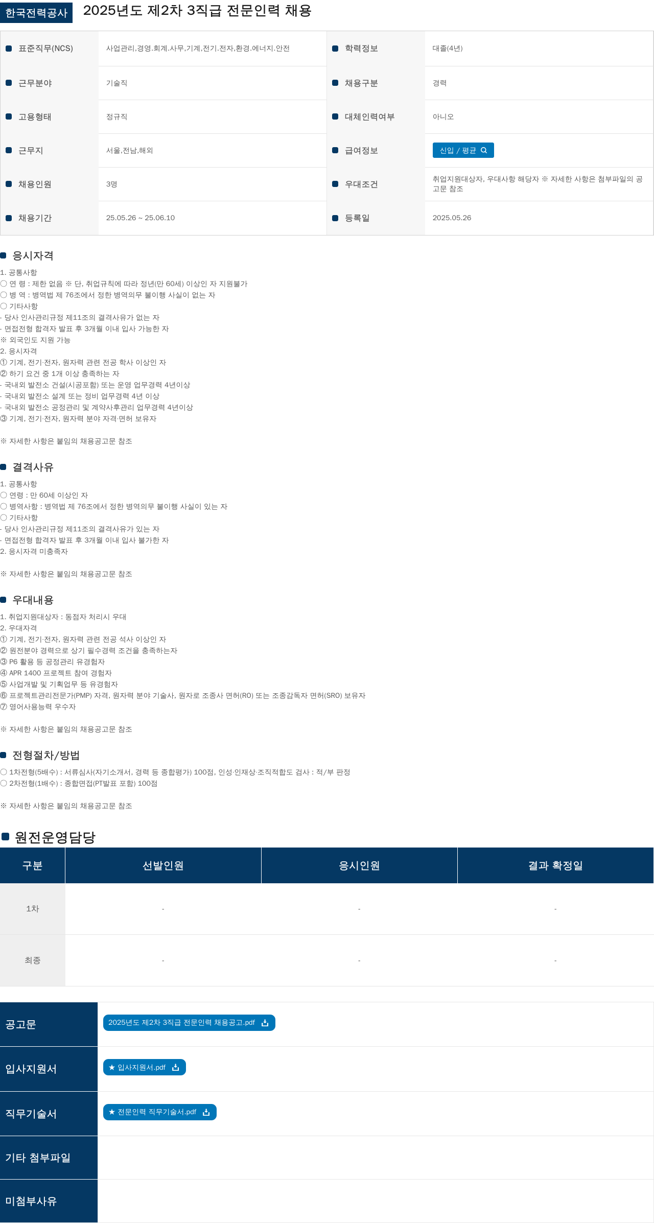 한국전력공사 2025년도 제2차 3직급 전문인력 채용 채용공고