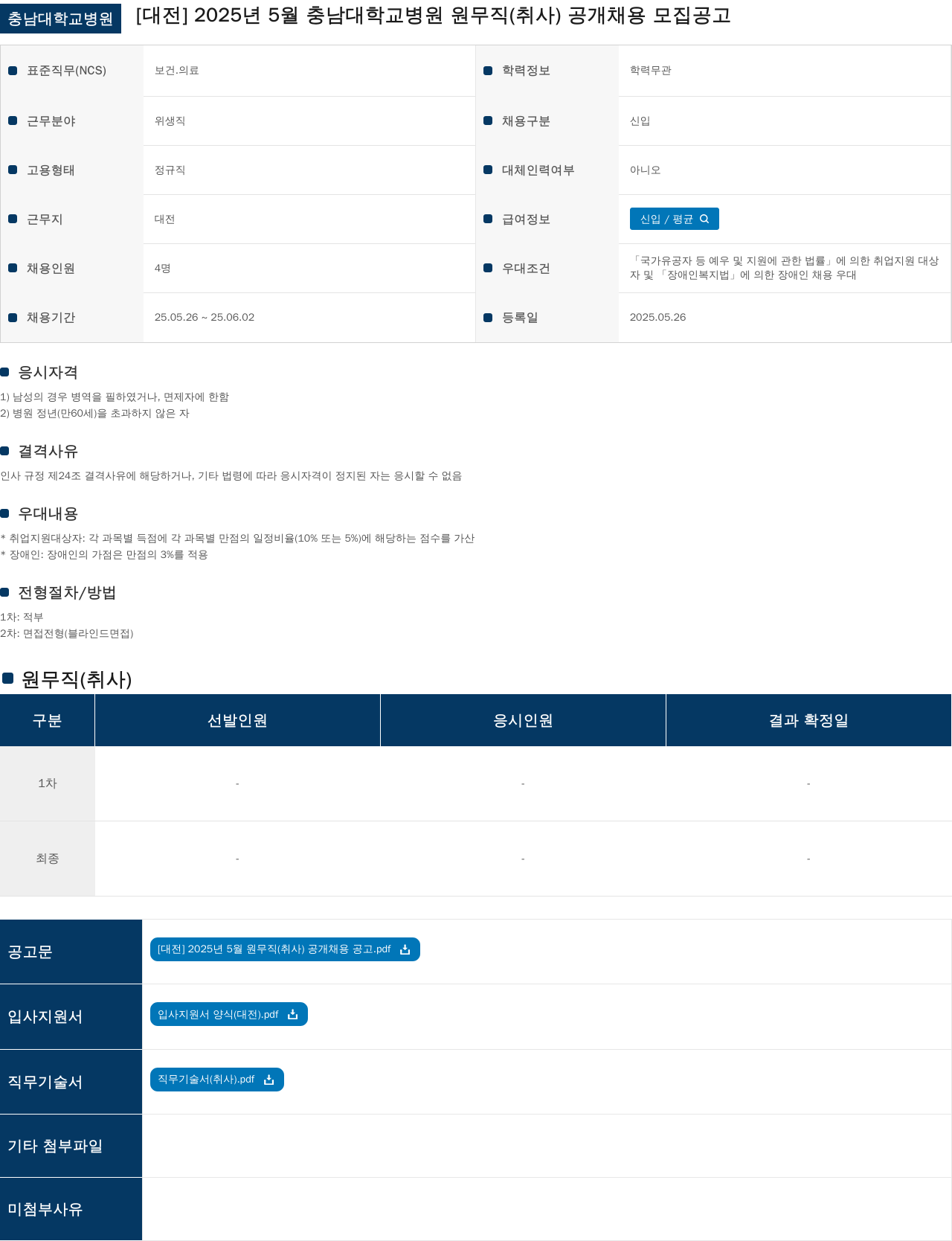 충남대학교병원 2025년 5월 충남대학교병원 원무직(취사) 공개 채용 모집 공고 채용공고