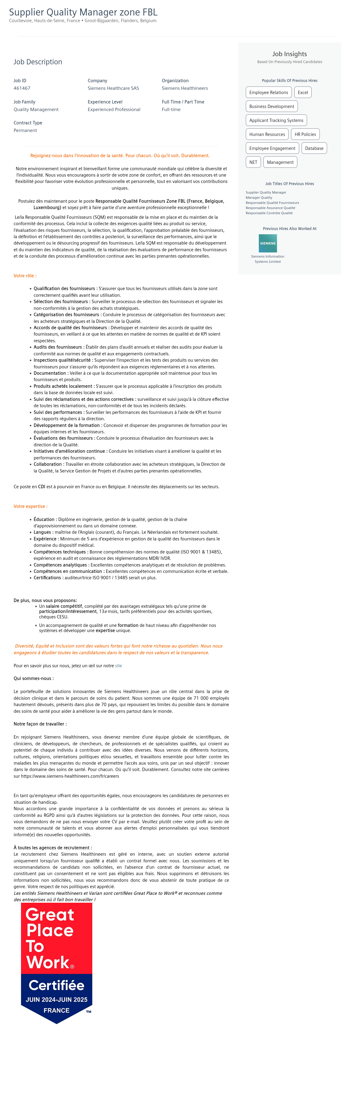 SiemensHealthineers Manager zone FBL / Supplier Quality Manager (Responsable Qualité Fournisseurs Zone FBL) 채용공고