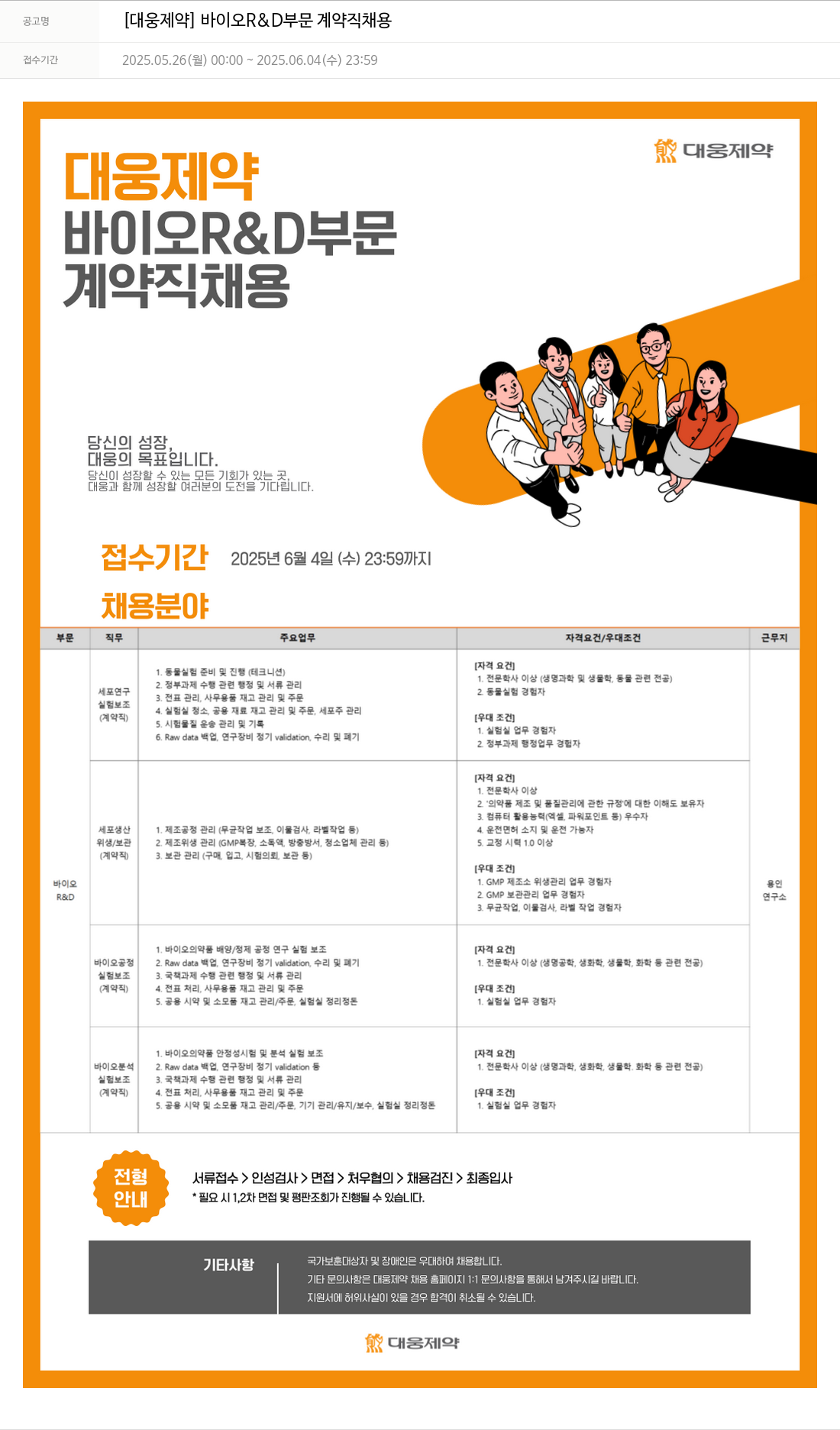 대웅제약 [대웅제약] 바이오 R&D 부문 계약직 채용 채용공고