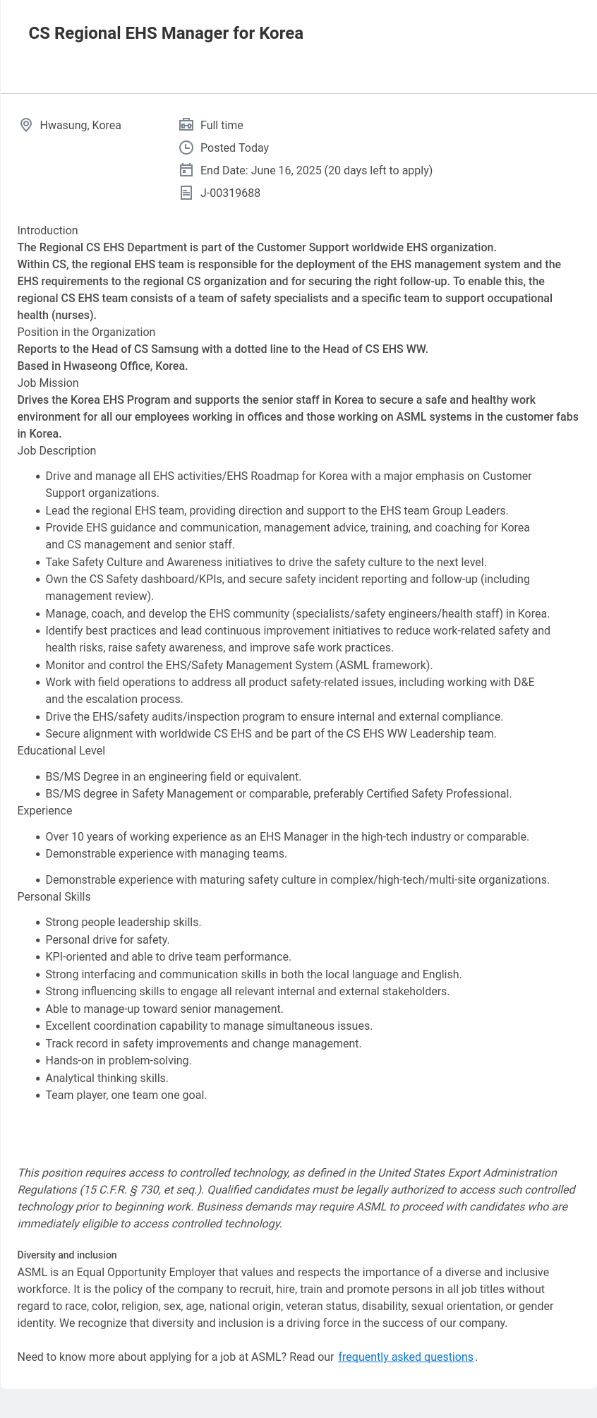 ASML CS Regional EHS Manager for Korea 채용공고