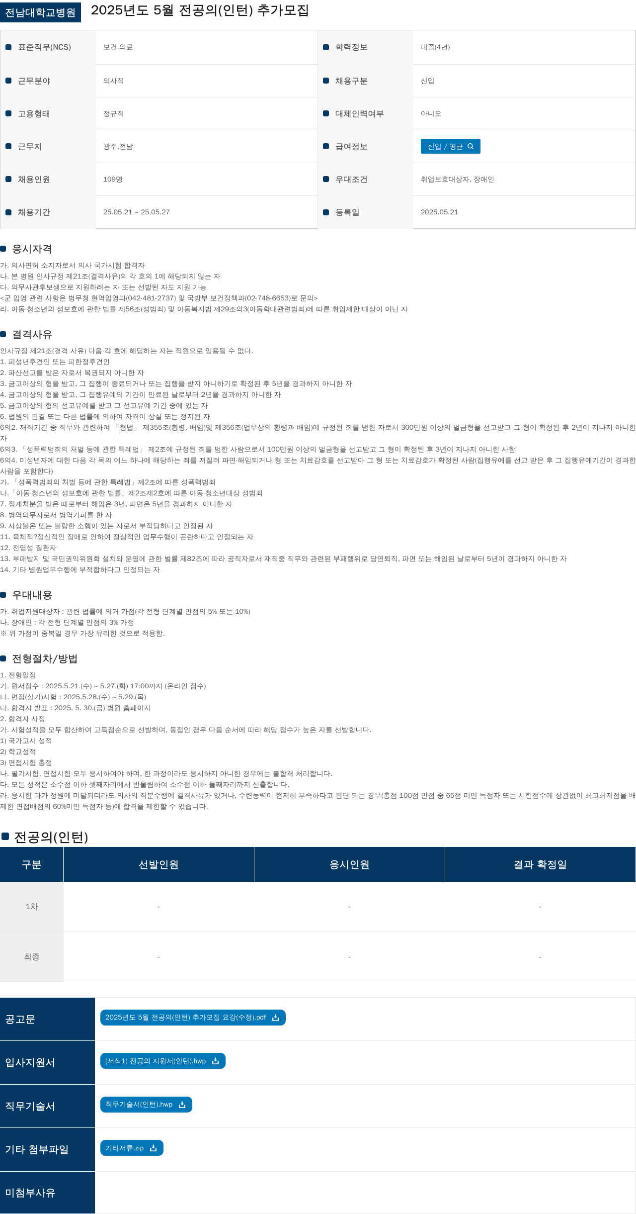 전남대학교병원 2025년도 5월 전공의(인턴) 추가 모집 채용공고