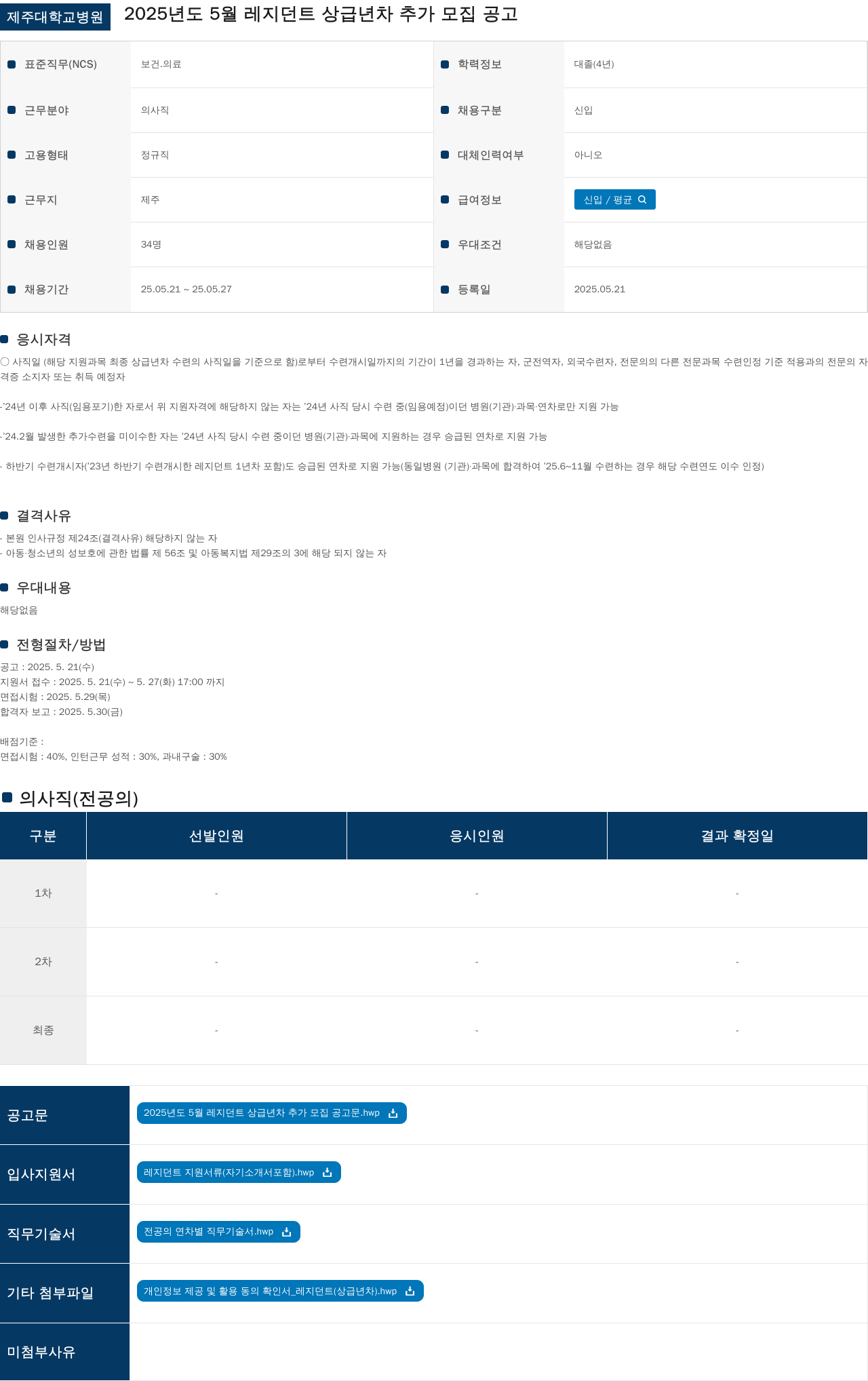 제주대학교병원 2025년도 5월 레지던트 상급 년차 추가 모집 공고 채용공고