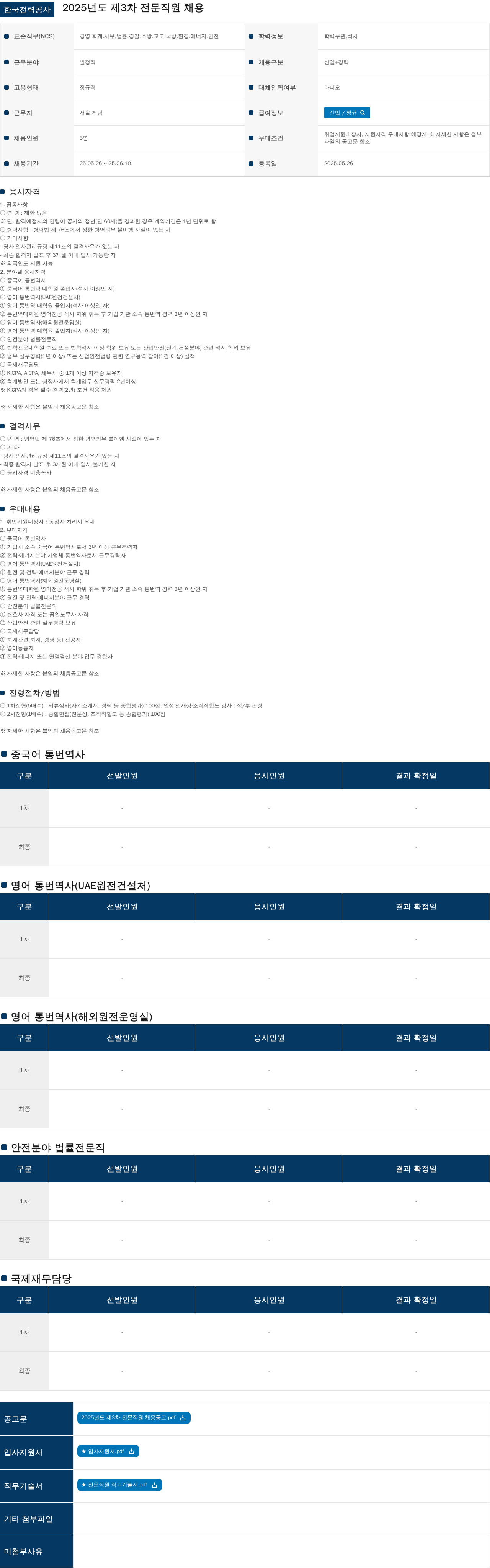 한국전력공사 2025년도 제3차 전문직원 채용 채용공고