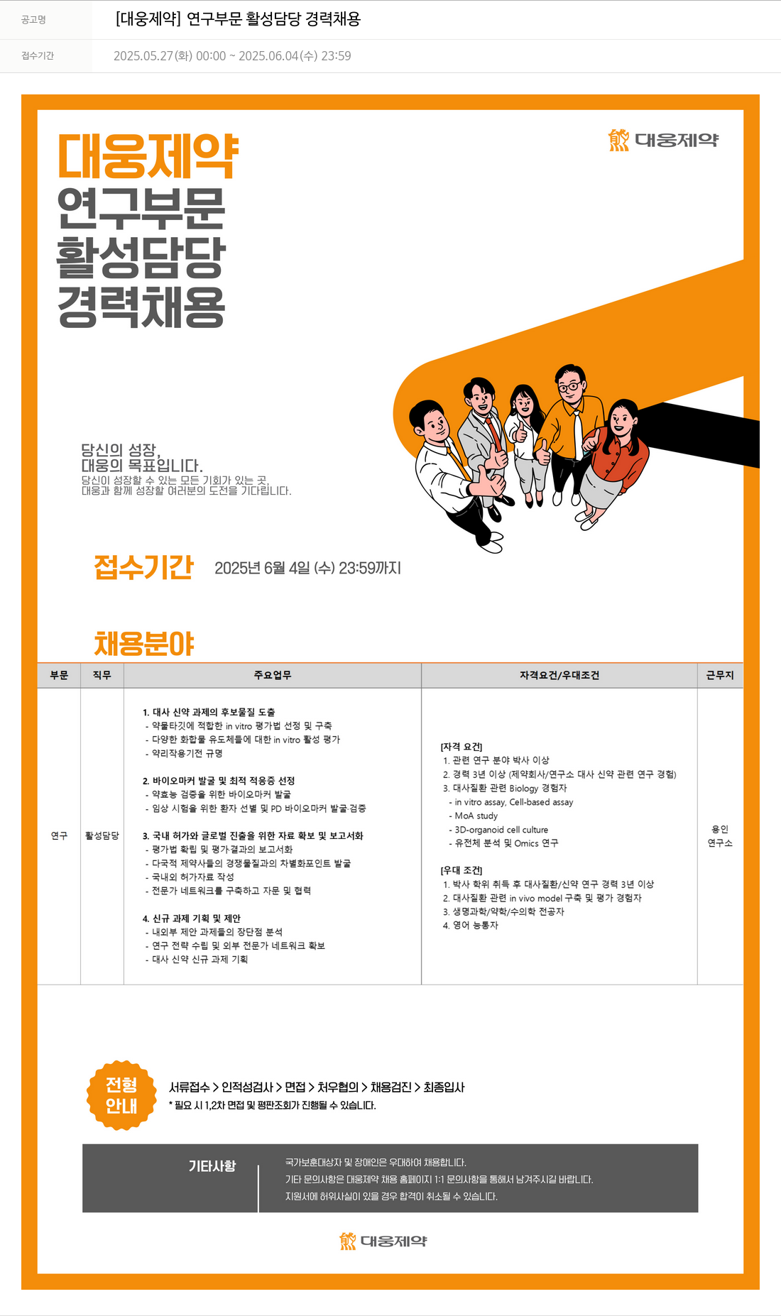 대웅제약 [대웅제약] 연구 부문 활성 담당 경력 채용 채용공고