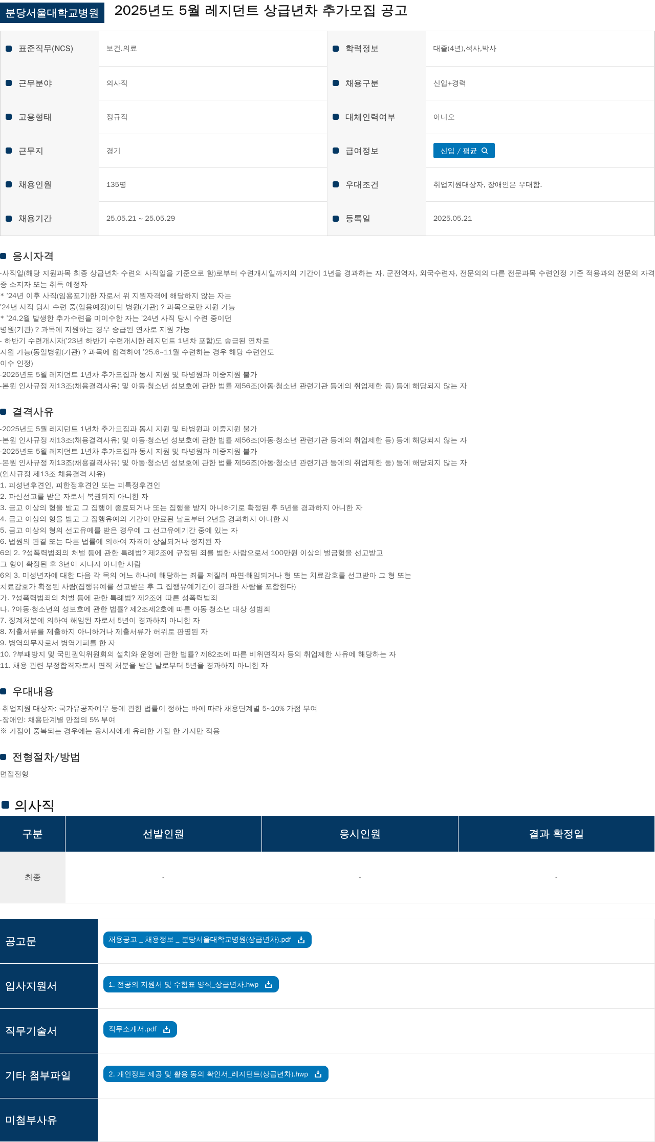 분당서울대학교병원 2025년도 5월 레지던트 상급 년차 추가 모집 공고 채용공고
