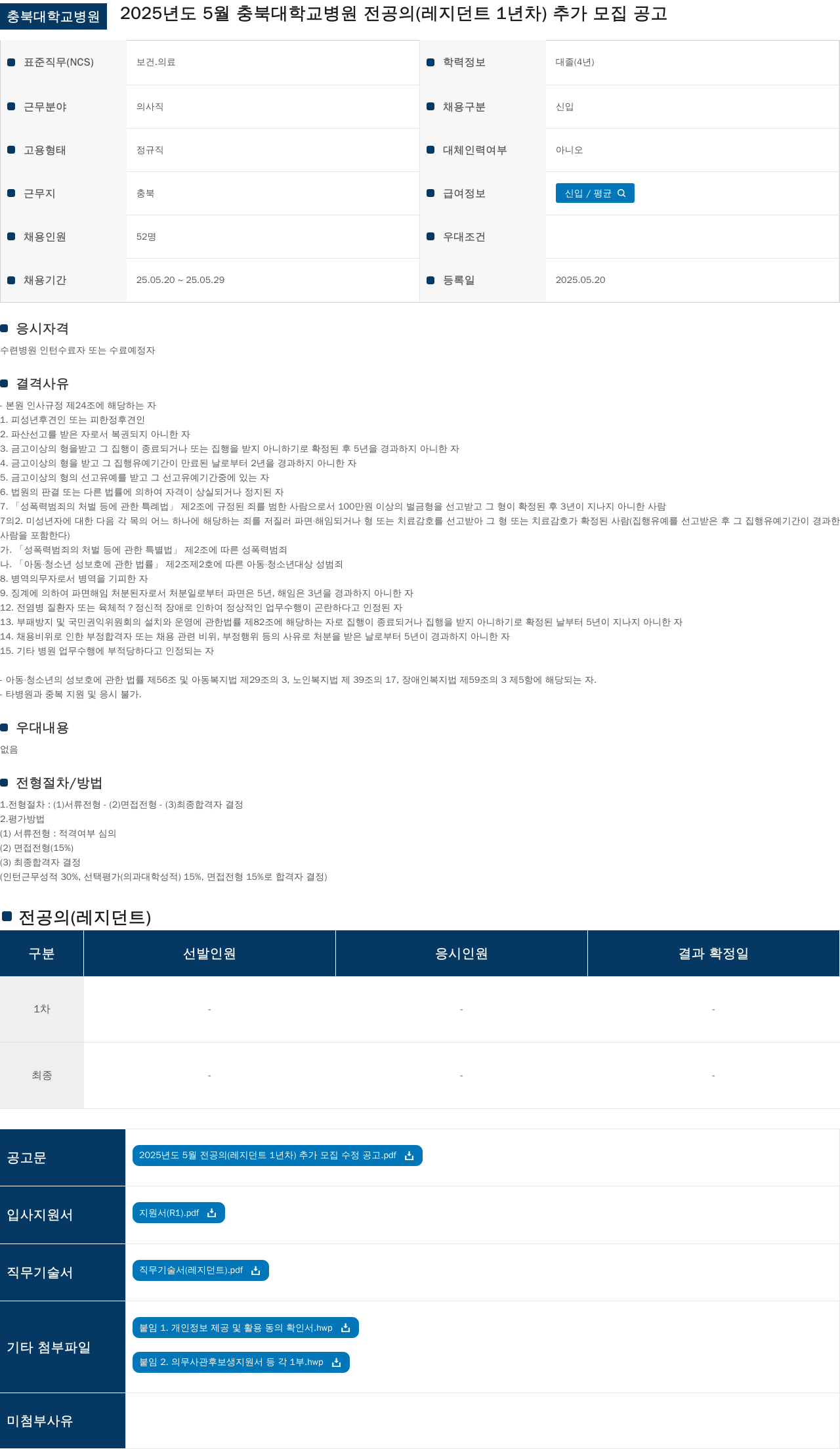 충북대학교병원 2025년도 5월 충북대학교병원 전공의(레지던트 1년차) 추가 모집 공고 채용공고