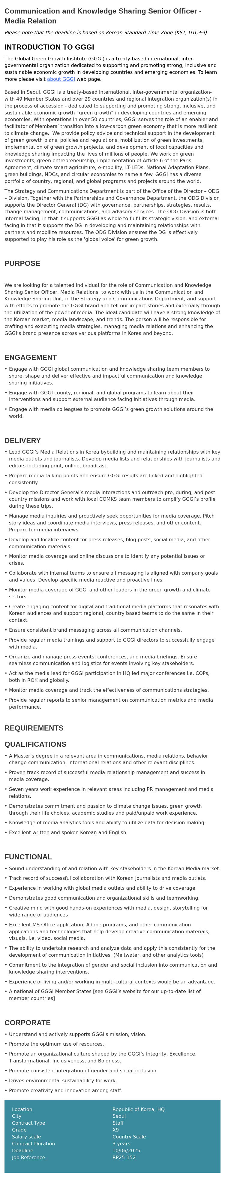 글로벌녹색성장기구 Communication and Knowledge Sharing Senior Officer - Media Relation 채용공고
