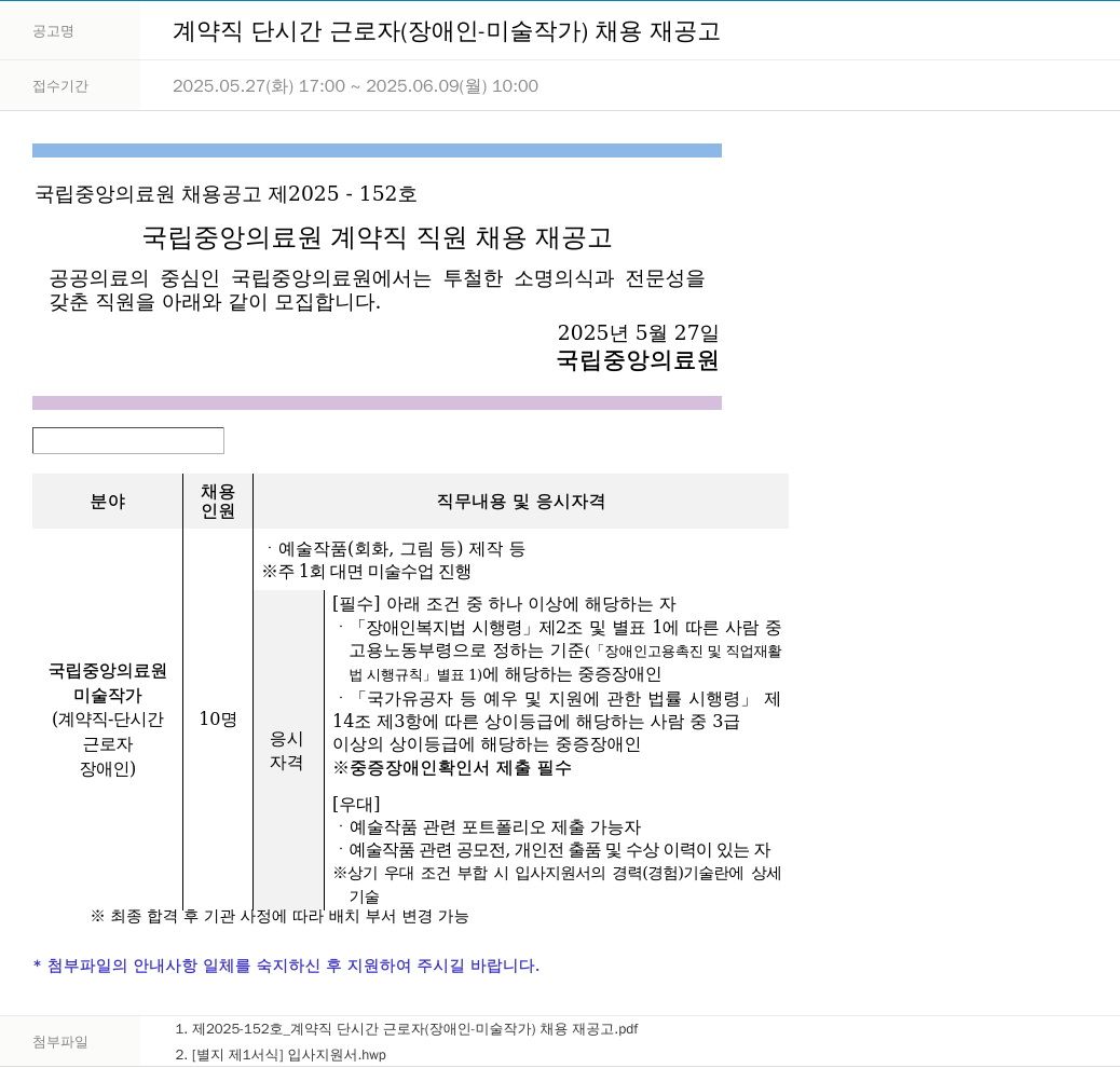 국립중앙의료원 계약직 단시간 근로자 (장애인 - 미술 작가) 채용 재공고 채용공고