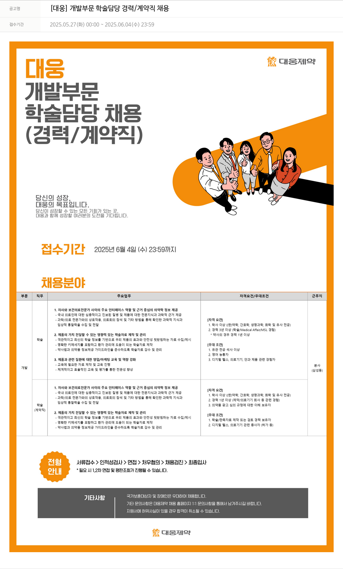 대웅제약 [대웅] 개발 부문 학술 담당 경력/계약직 채용 채용공고