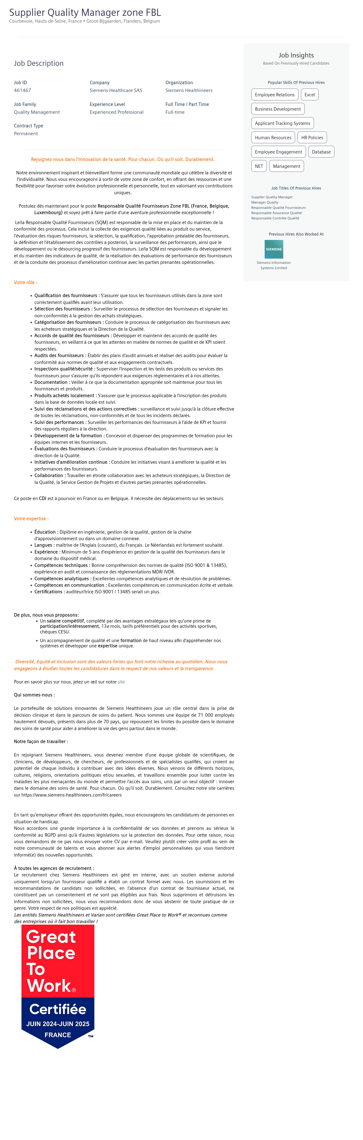 지멘스 Manager zone FBL / Supplier Quality Manager (Responsable Qualité Fournisseurs Zone FBL) 채용공고