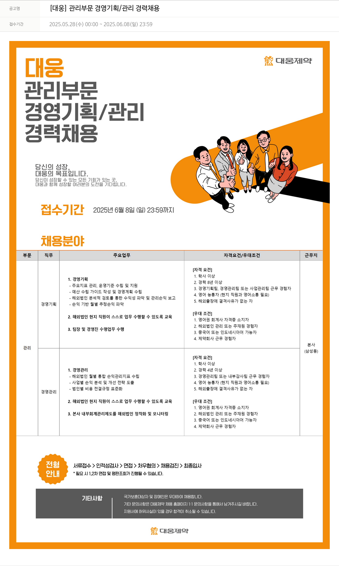 대웅제약 [대웅] 관리 부문 경영 기획 / 관리 경력 채용 채용공고