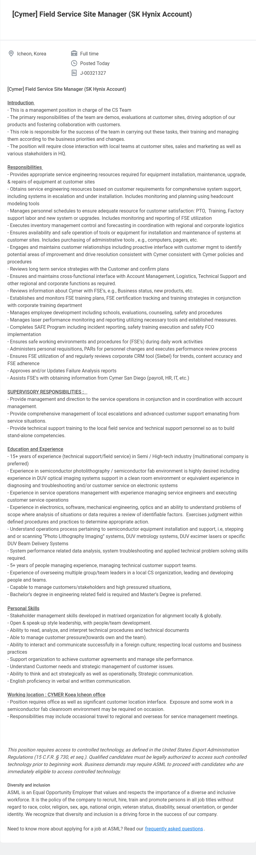 ASML Field Service Site Manager (SK Hynix Account) 채용공고