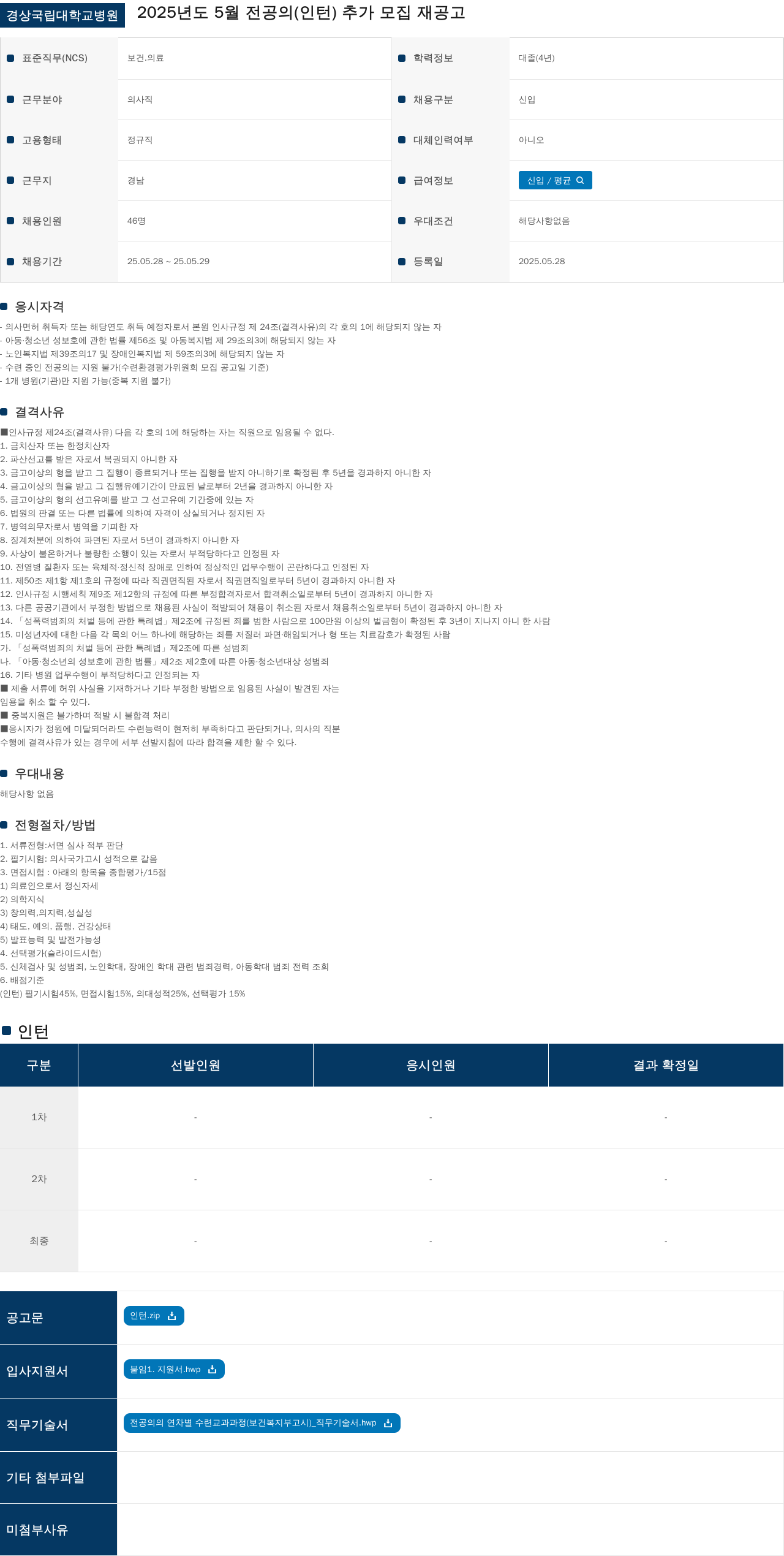경상국립대학교병원 2025년도 5월 전공의(인턴) 추가 모집 재공고 채용공고