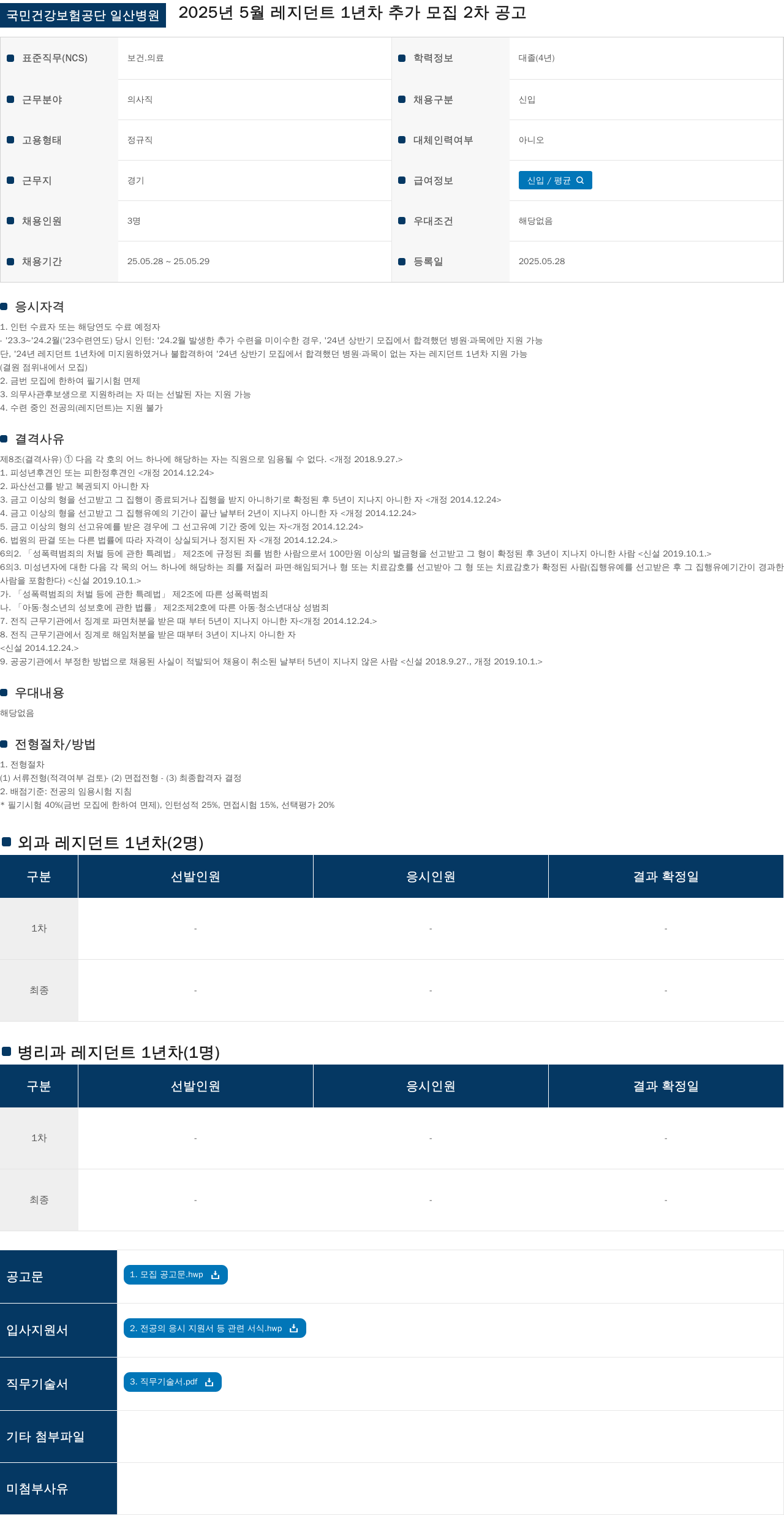 국민건강보험공단일산병원 2025년 5월 레지던트 1년차 추가 모집 2차 공고 채용공고