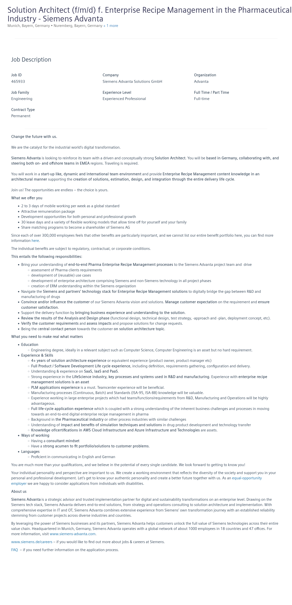 지멘스 Solution Architect (f/m/d) for Enterprise Recipe Management in the Pharmaceutical Industry 채용공고