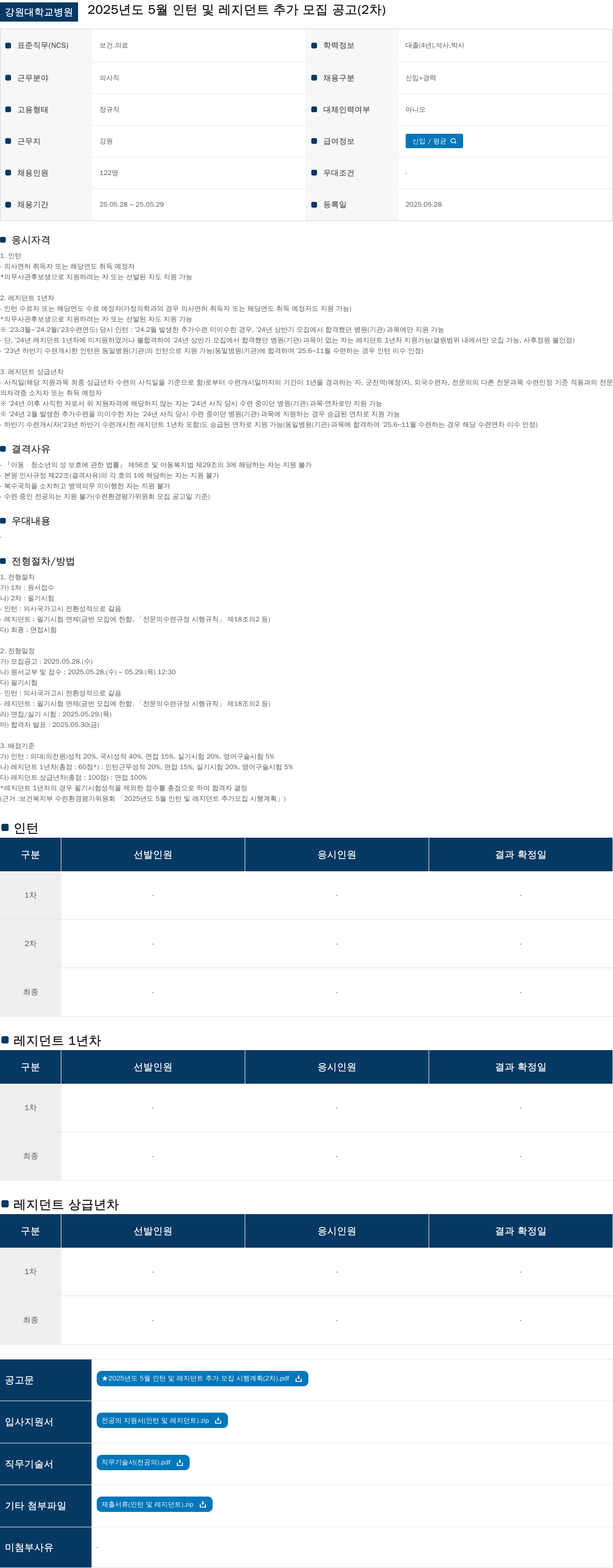 강원대학교병원 2025년도 5월 인턴 및 레지던트 추가 모집 공고 (2차) 채용공고