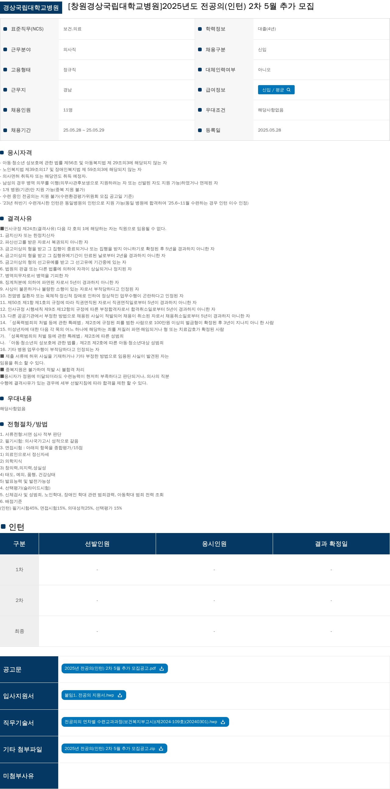 경상국립대학교병원 2025년도 전공의(인턴) 2차 5월 추가 모집 채용공고