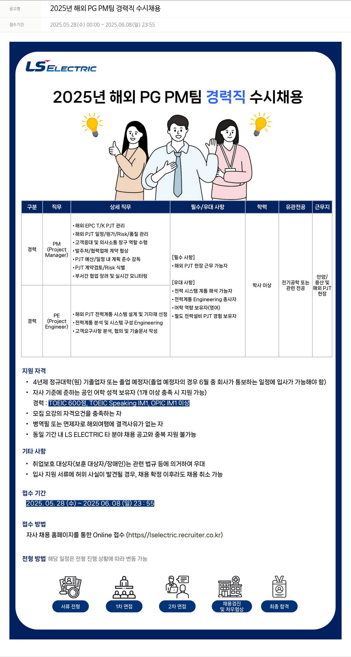 LS일렉트릭 2025년 해외 PG PM팀 경력직 수시 채용 채용공고