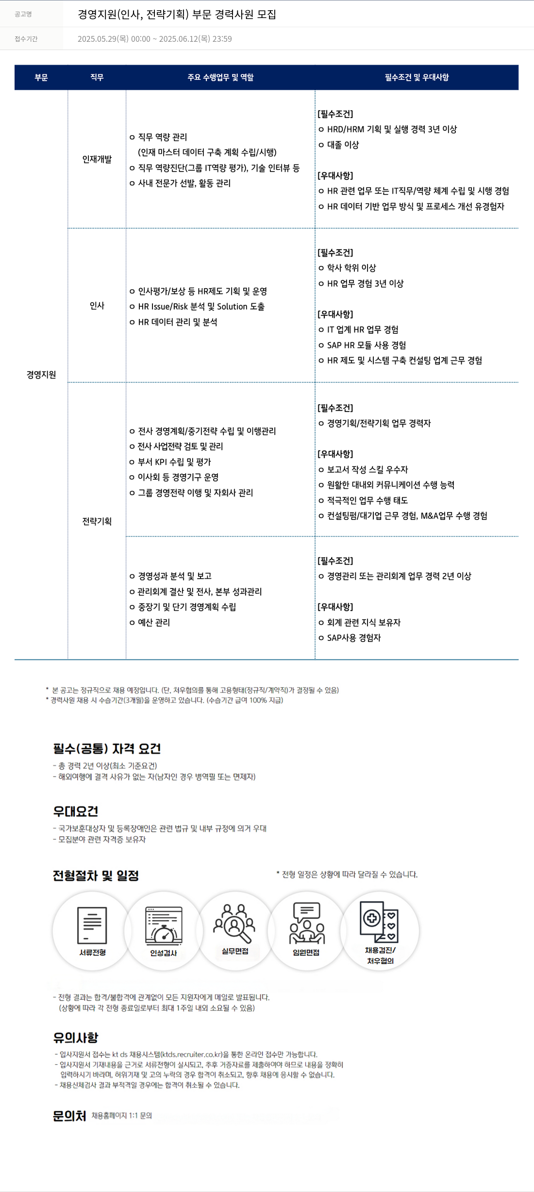 KTds 경영 지원 (인사, 전략 기획) 부문 경력 사원 모집 채용공고