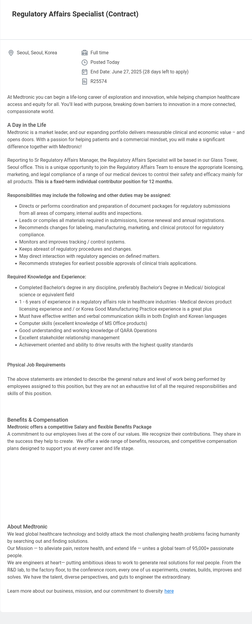 메드트로닉 Regulatory Affairs Specialist (Contract) 채용공고