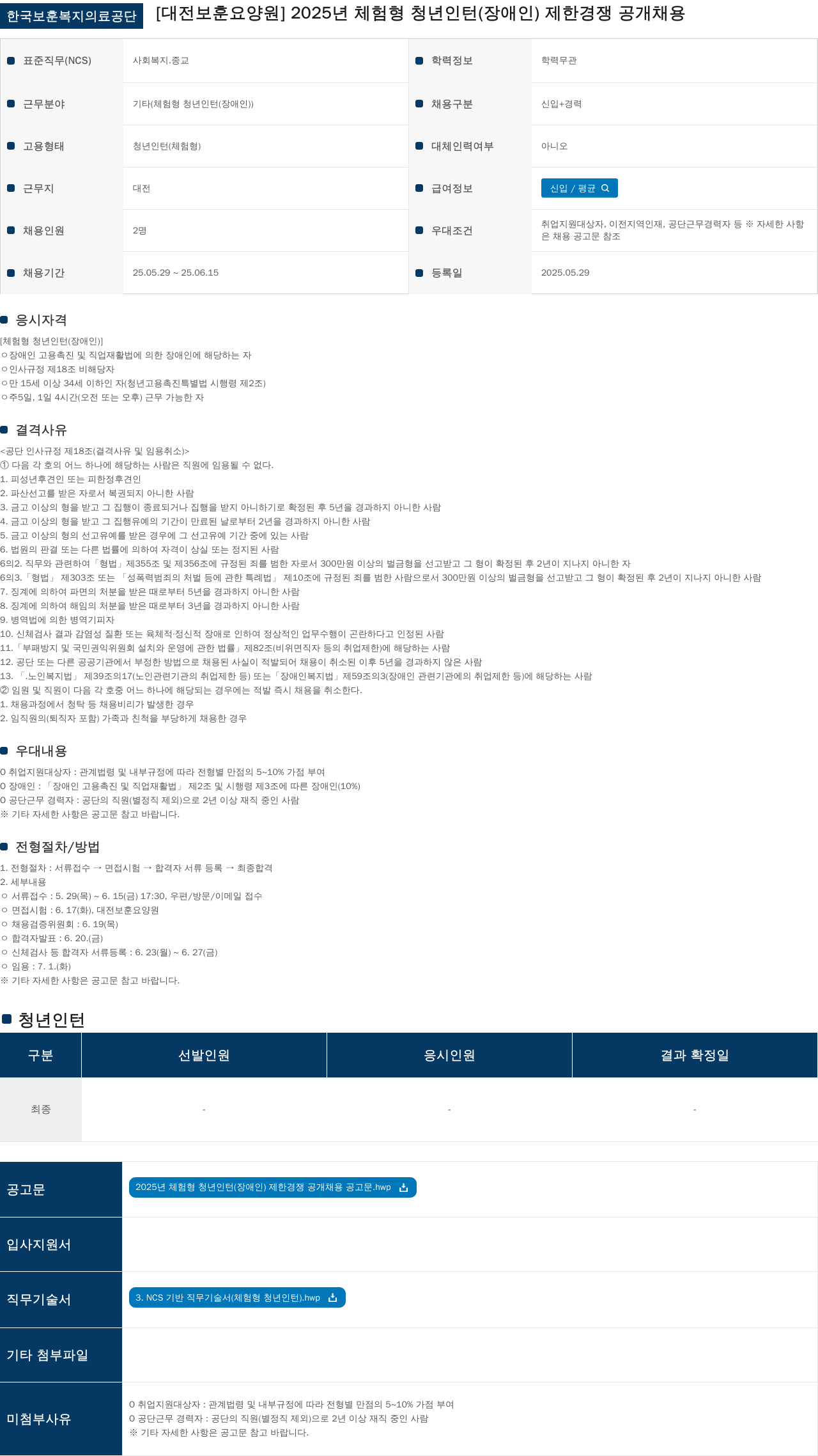 한국보훈복지의료공단 2025년 체험형 청년 인턴(장애인) 제한경쟁 공개채용 채용공고