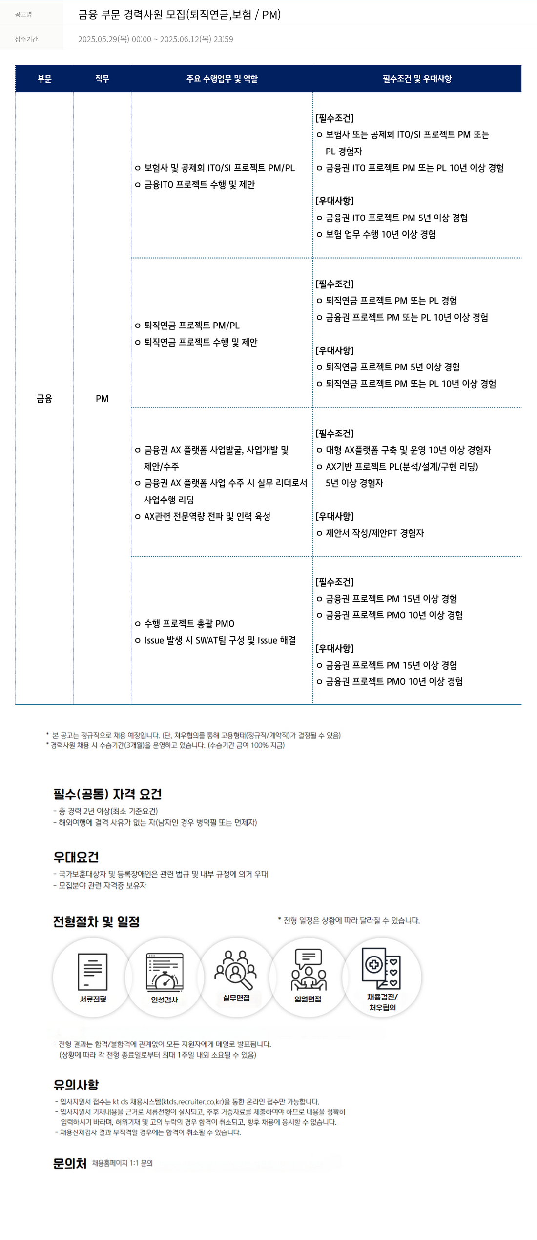 KTds 금융 부문 경력 사원 모집 (퇴직연금, 보험/PM) 채용공고