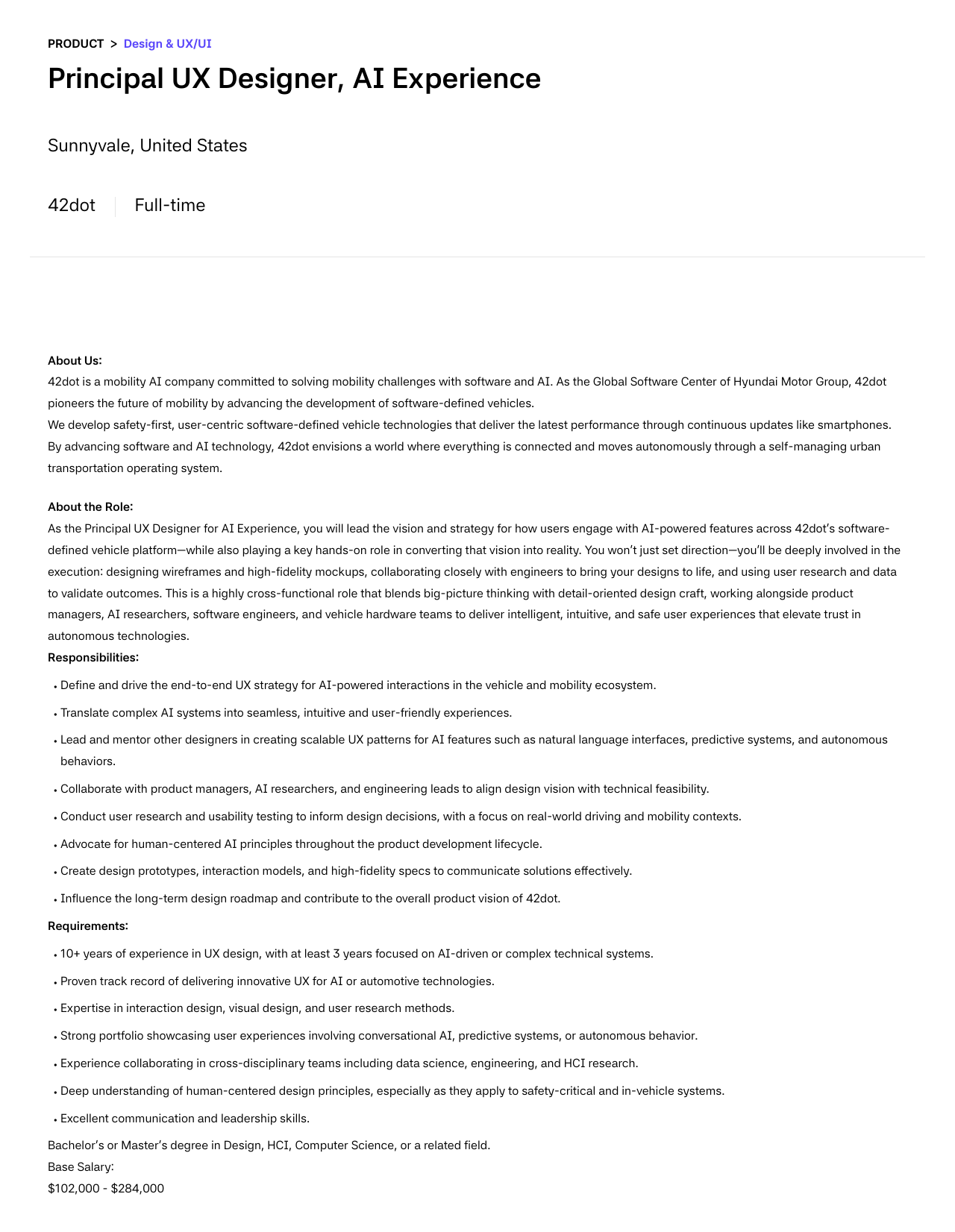 42dot Principal UX Designer, AI Experience 채용공고