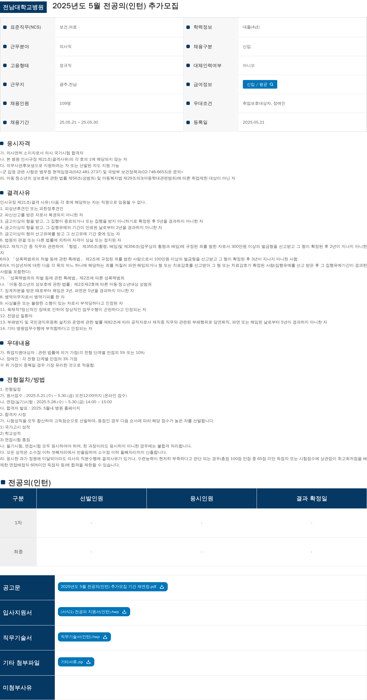 전남대학교병원 2025년도 5월 전공의(인턴) 추가 모집 채용공고