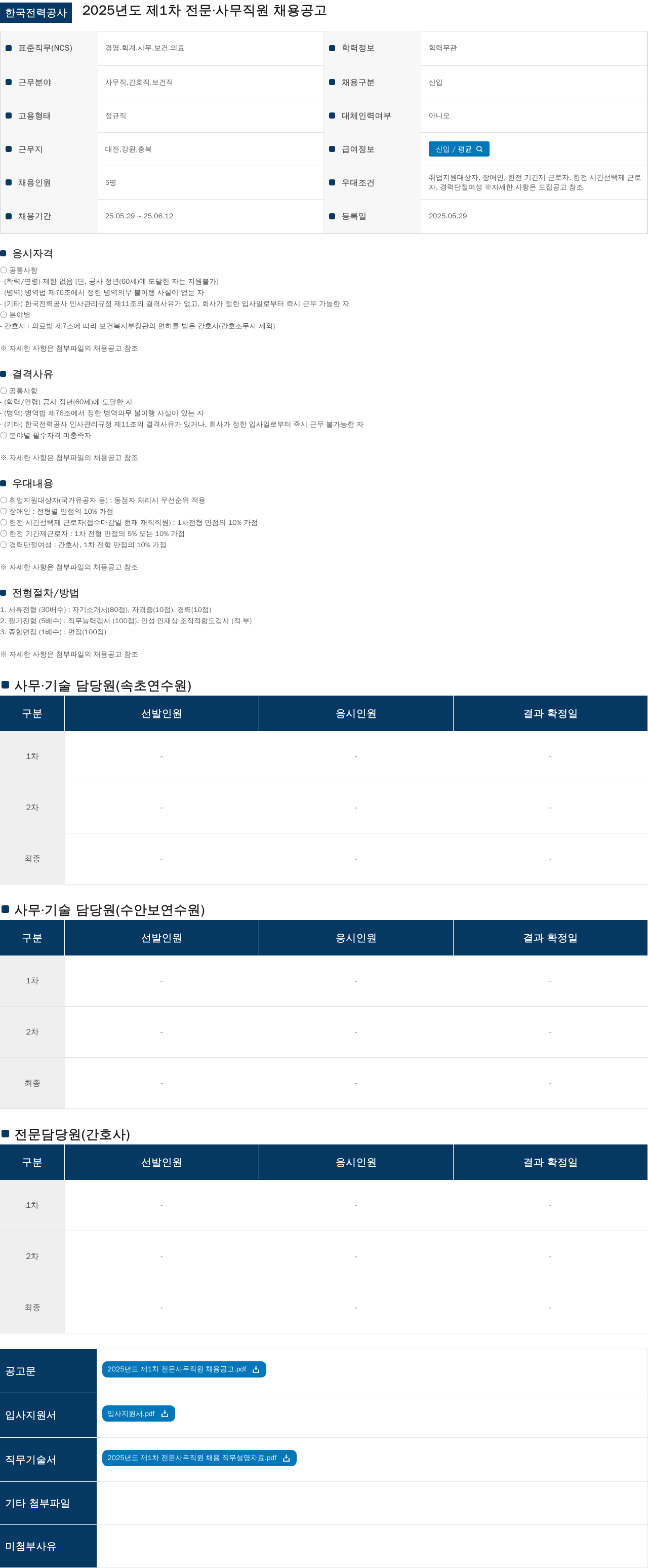 한국전력공사 2025년도 제1차 전문·사무 직원 채용 공고 채용공고