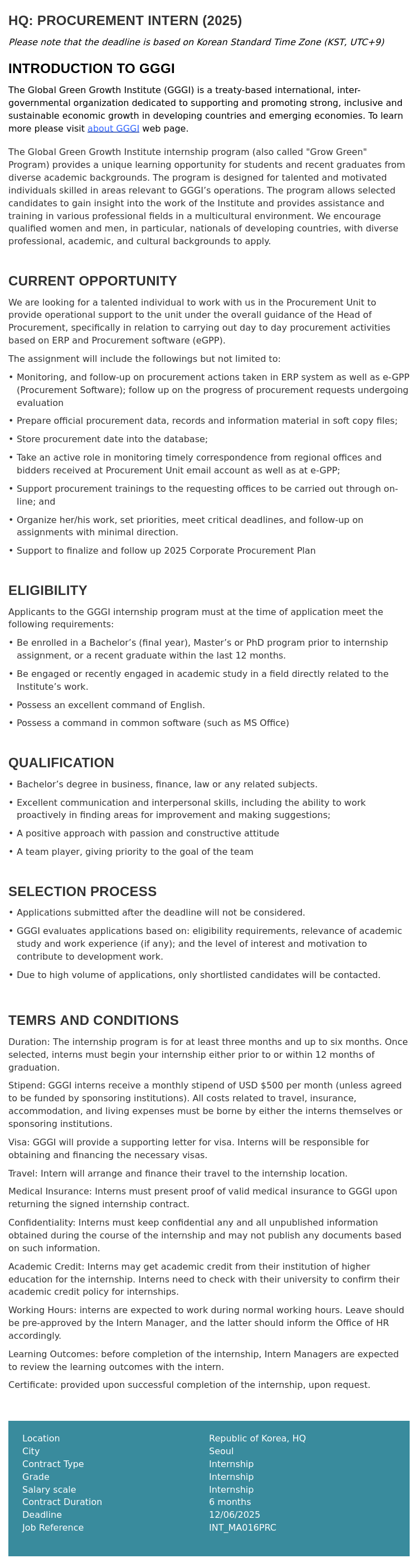 글로벌녹색성장기구 HQ : PROCUREMENT INTERN (2025) 채용공고