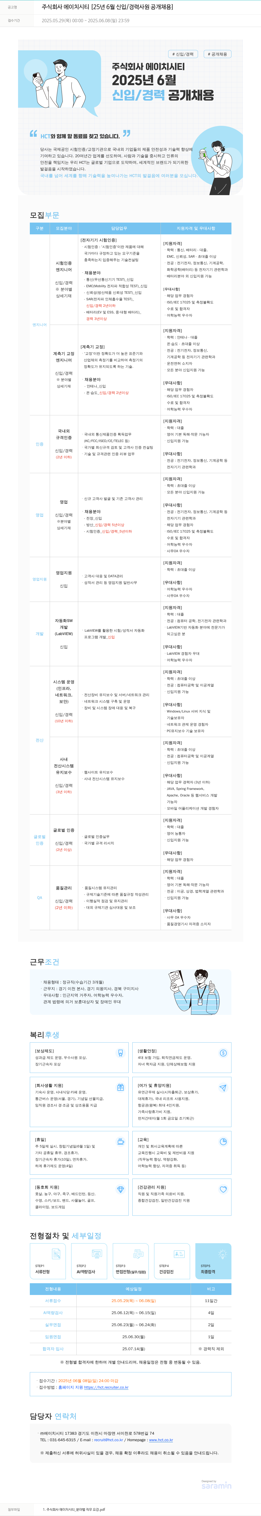 HCT [25년 6월 신입/경력 사원 공개 채용] 채용공고