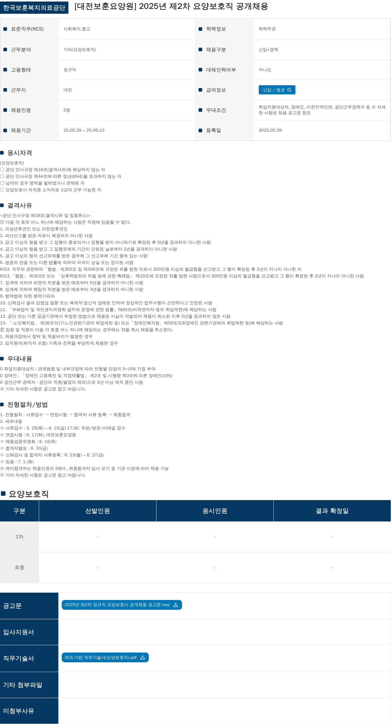 한국보훈복지의료공단 2025년 제2차 요양보호직 공개채용 채용공고