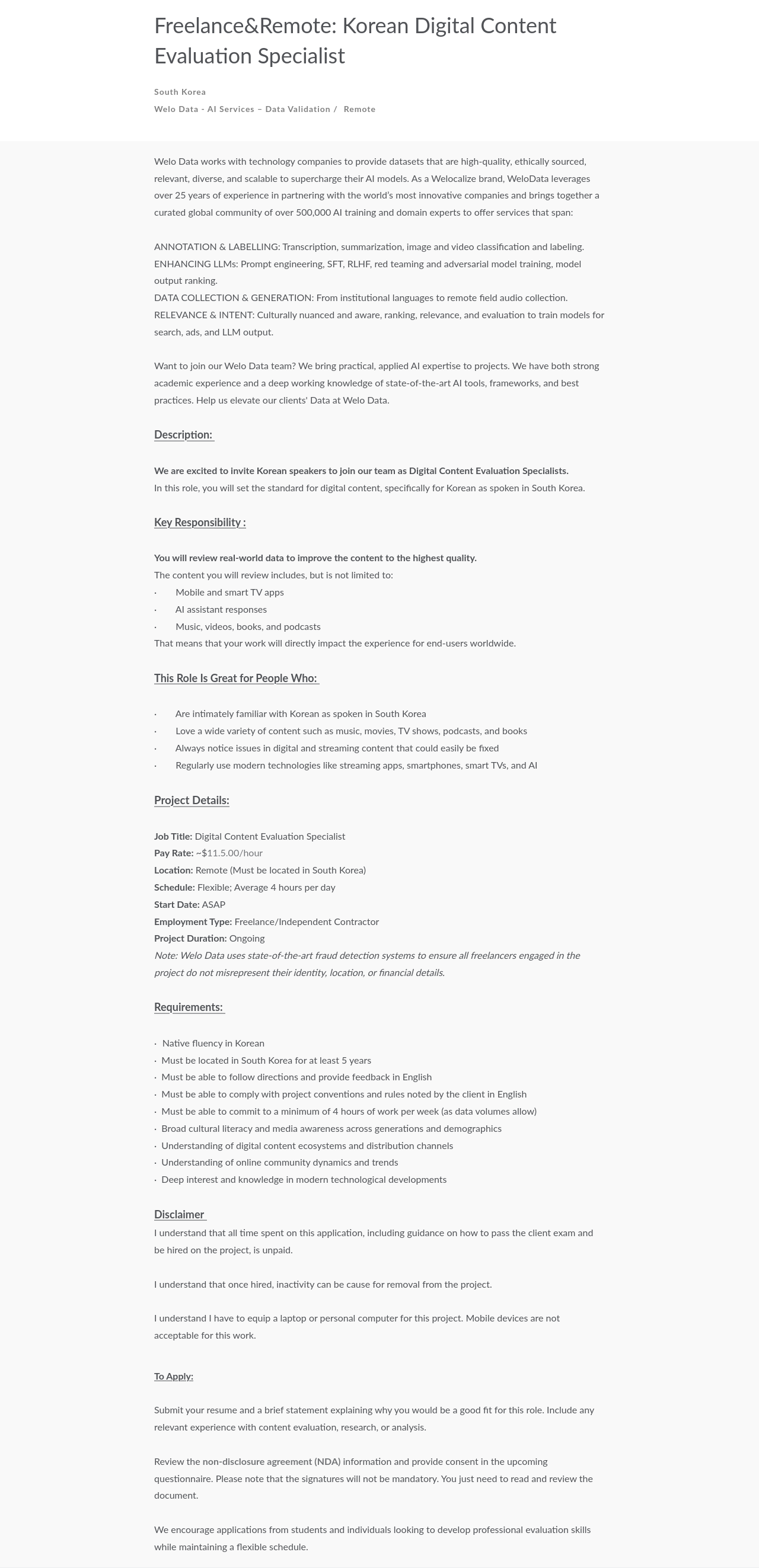 Welocalize Freelance & Remote : Korean Digital Content Evaluation Specialist 채용공고