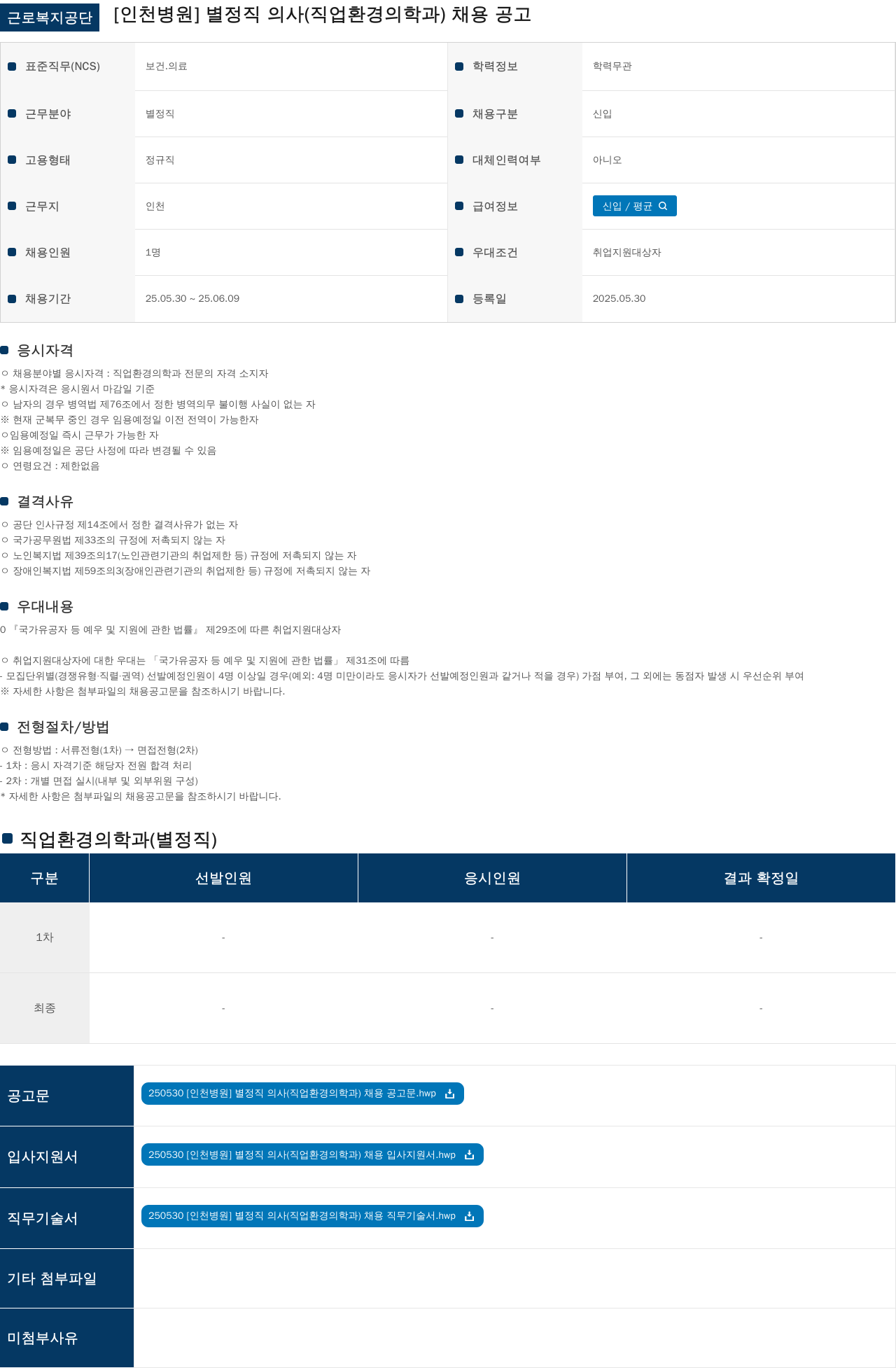 근로복지공단 별정직 의사(직업환경의학과) 채용 공고 채용공고