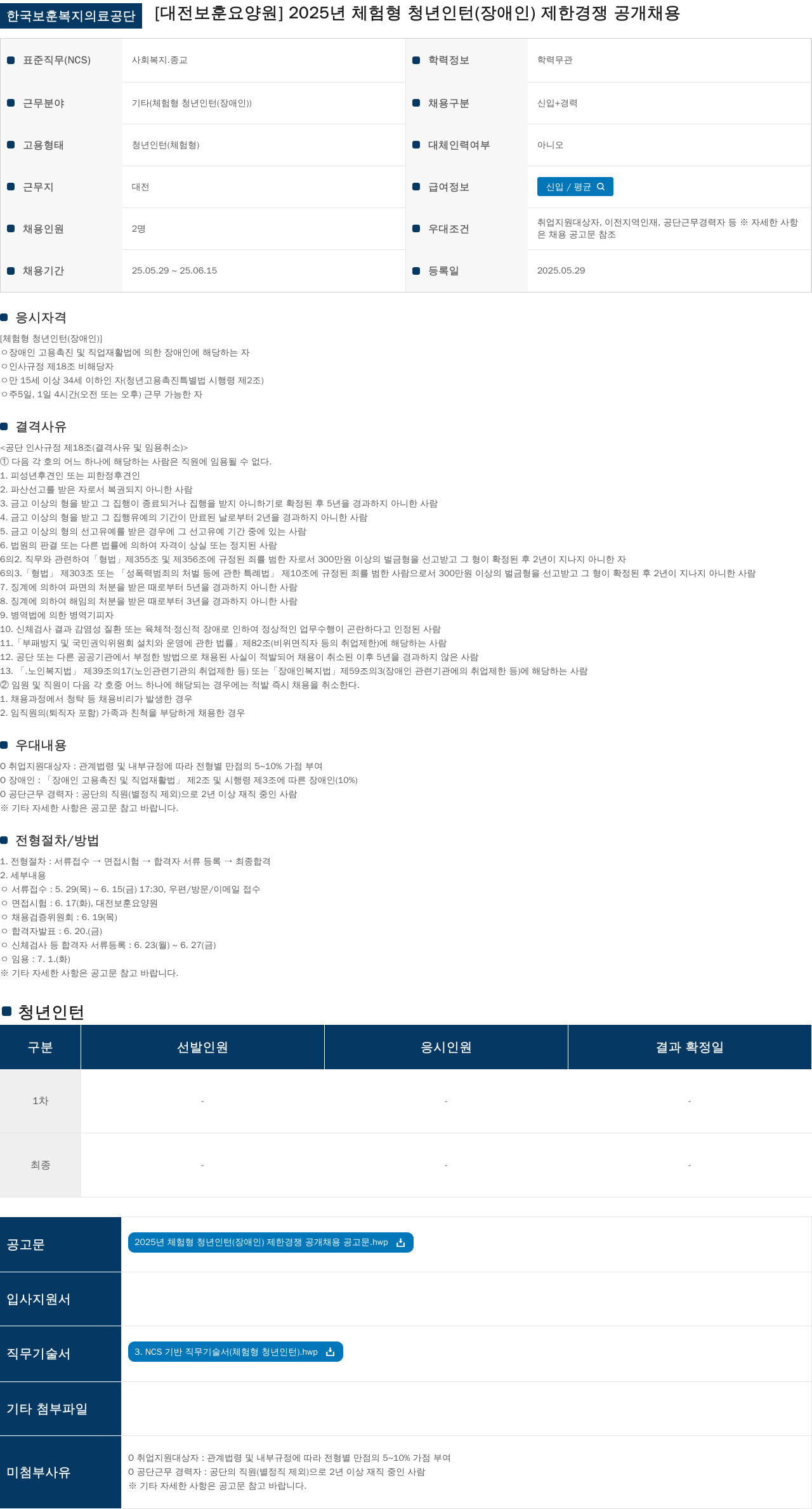 한국보훈복지의료공단 2025년 체험형 청년인턴(장애인) 제한경쟁 공개채용 채용공고