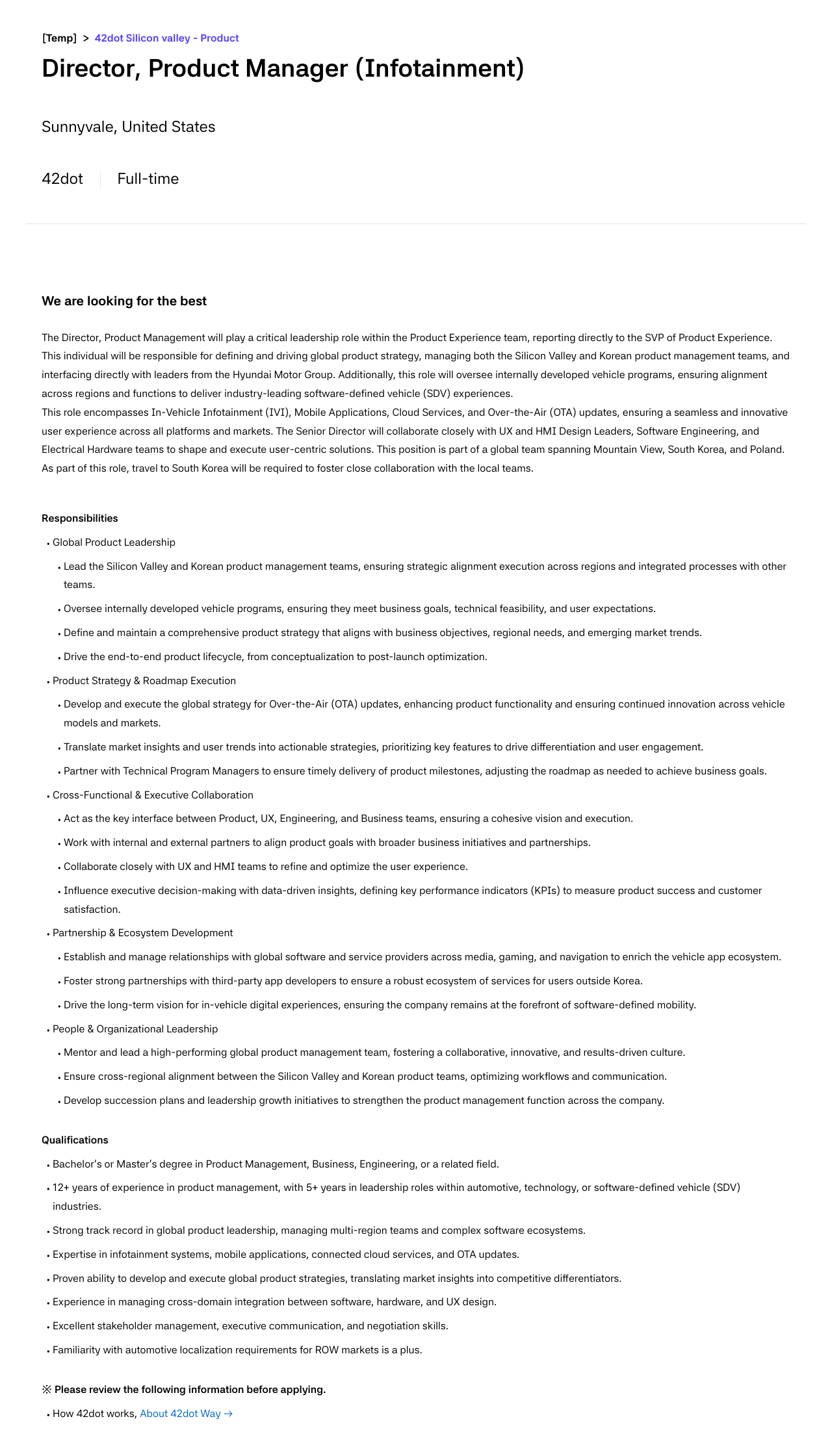 42dot Director, Product Manager (Infotainment) 채용공고
